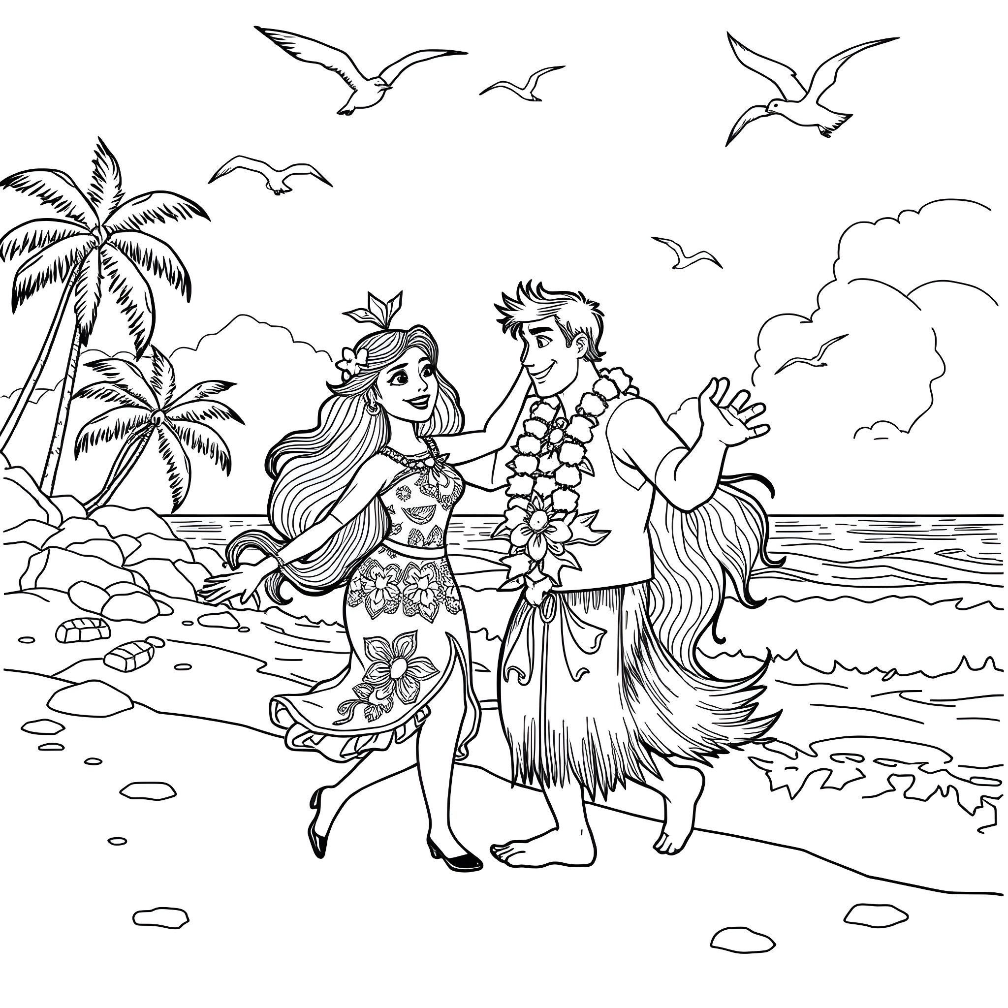 Variana: Couple in Hawaiian-inspired outfits on the beach Coloring Page (free black-and-white line drawing printable PDF for all, from beginners to advanced learners, including children, teens, adults, and seniors)