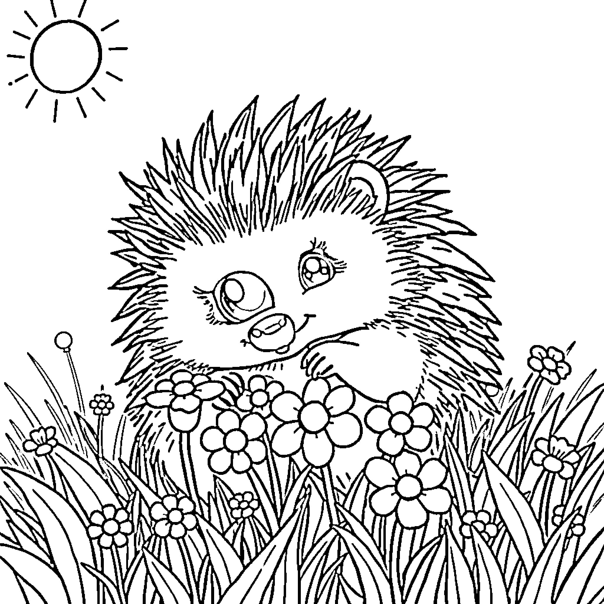 Hedgehog resting peacefully among flowers Coloring Page (free black-and-white line drawing printable PDF for all, from beginners to advanced learners, including children, teens, adults, and seniors)
