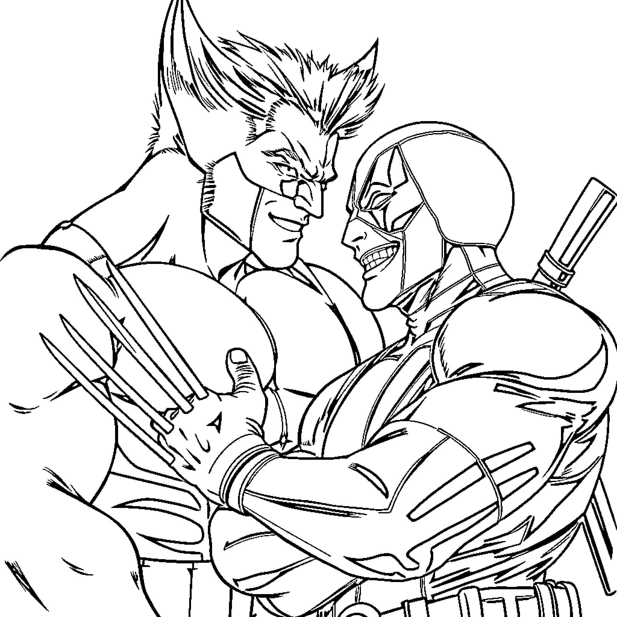 Wolverine facing off against fierce enemy in intense battle Coloring Page (free black-and-white line drawing printable PDF for all, from beginners to advanced learners, including children, teens, adults, and seniors)
