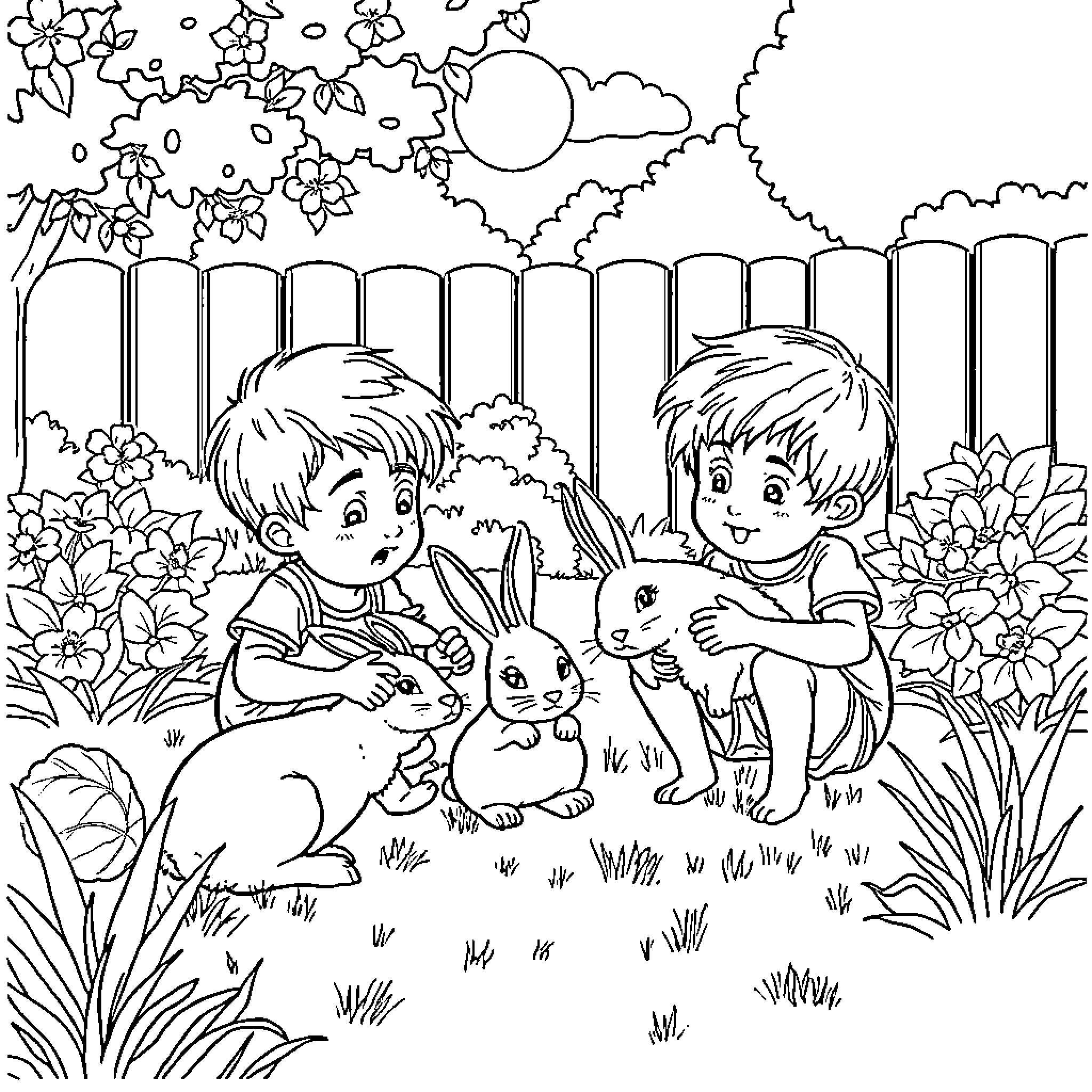 Boy and friend playing with rabbits in garden Coloring Page (free black-and-white line drawing printable PDF for all, from beginners to advanced learners, including children, teens, adults, and seniors)