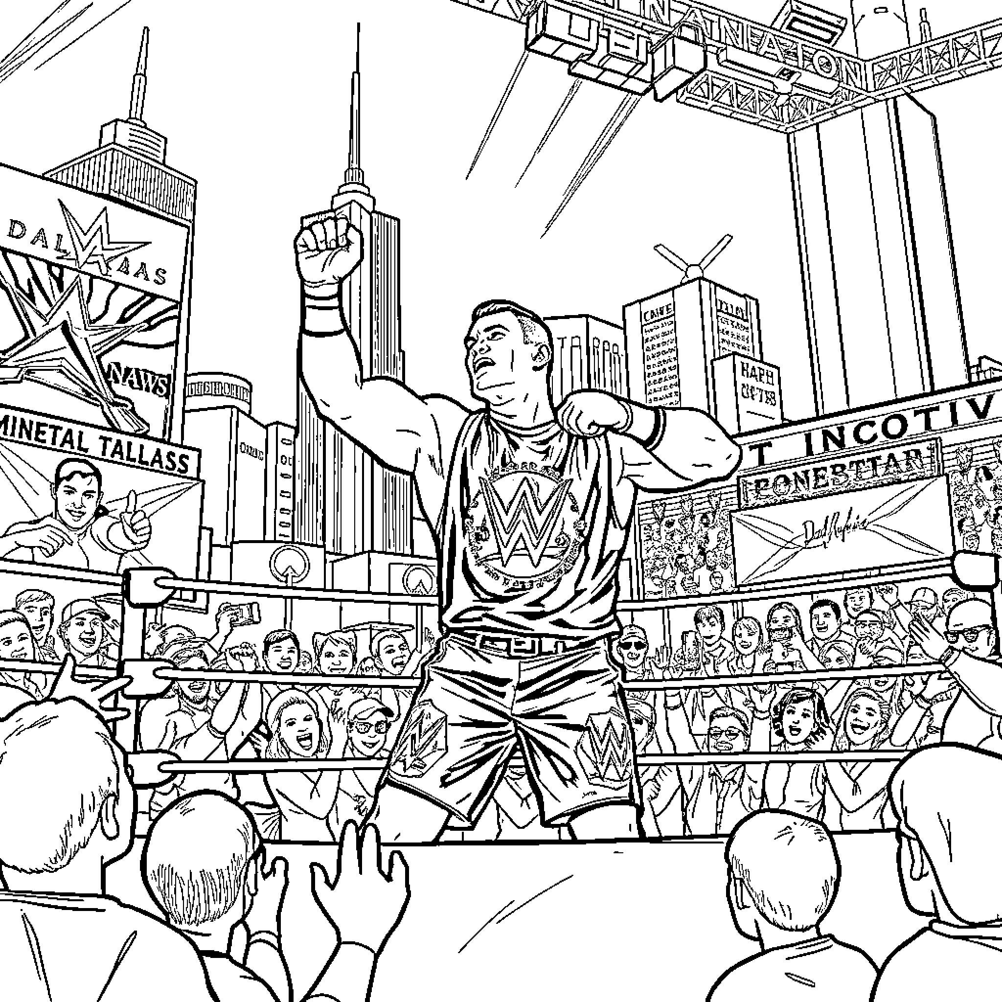 John Cena Performing in a Wrestling Arena Coloring Page (free black-and-white line drawing printable PDF for all, from beginners to advanced learners, including children, teens, adults, and seniors)
