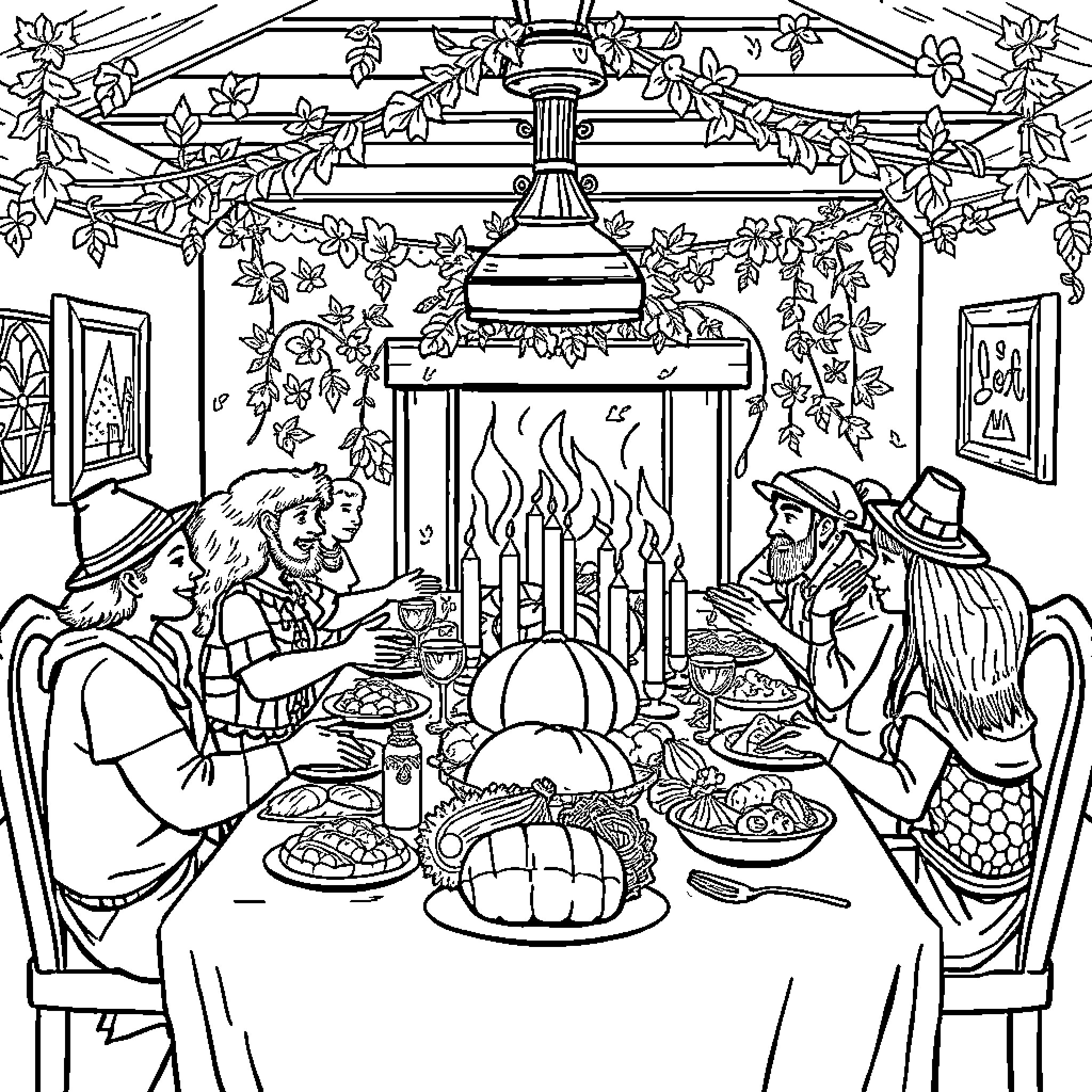 Thanksgiving Family Gathering around Festive Fireplace Coloring Page (free black-and-white line drawing printable PDF for all, from beginners to advanced learners, including children, teens, adults, and seniors)