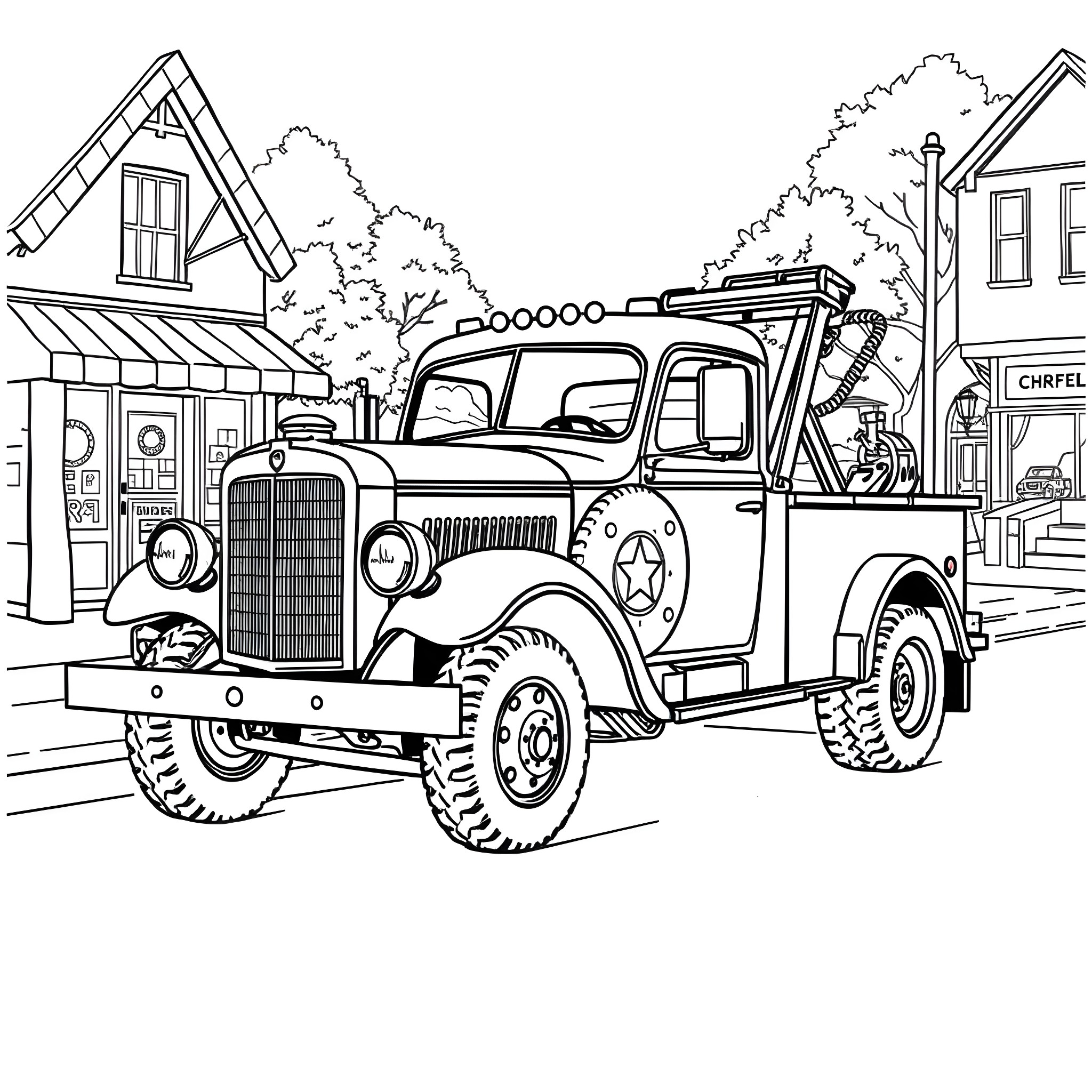 Tow Truck Rescuing Vintage Vehicle on City Street Coloring Page (free black-and-white line drawing printable PDF for all, from beginners to advanced learners, including children, teens, adults, and seniors)