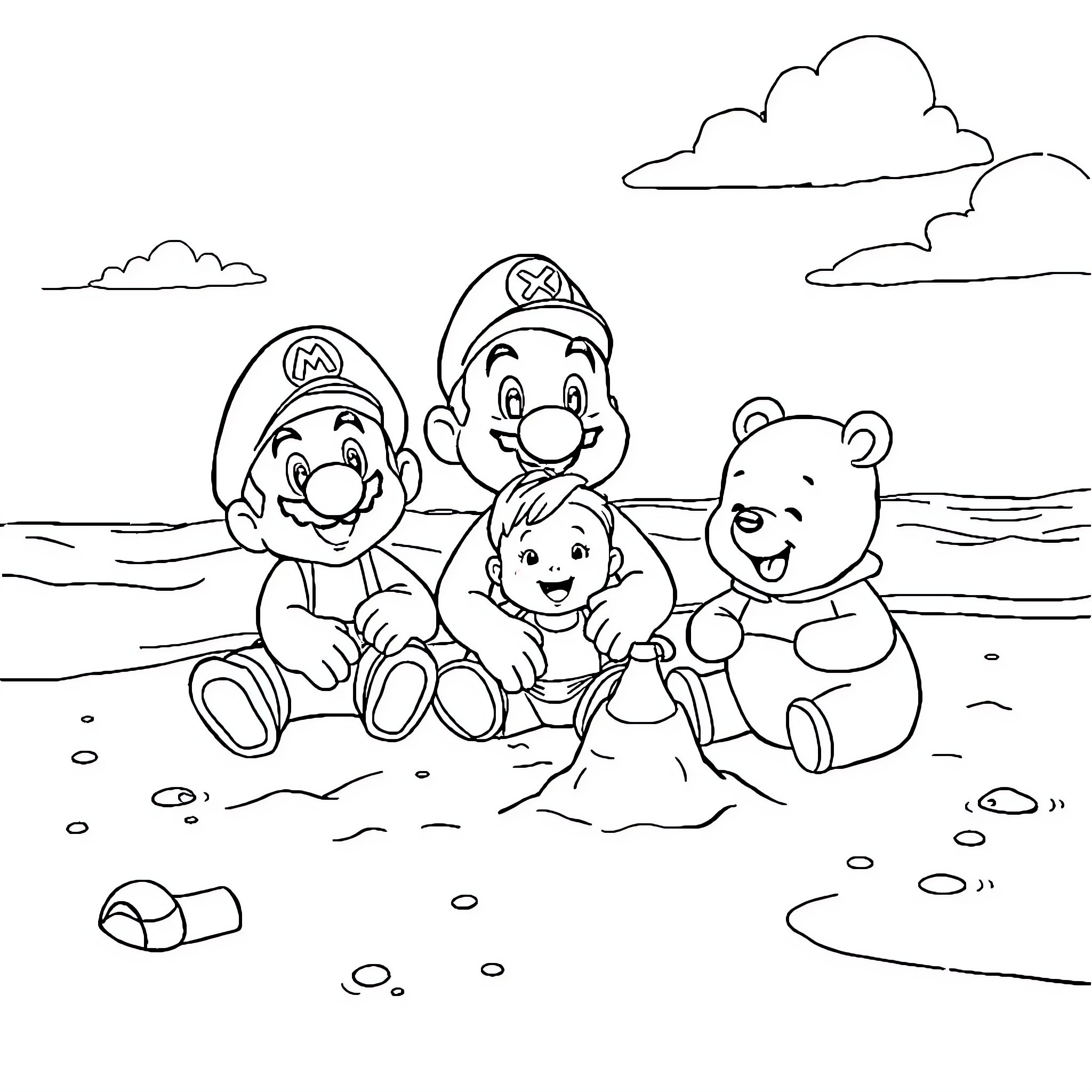 Mario and Friends Enjoying a Beach Adventure Coloring Page (free black-and-white line drawing printable PDF for all, from beginners to advanced learners, including children, teens, adults, and seniors)
