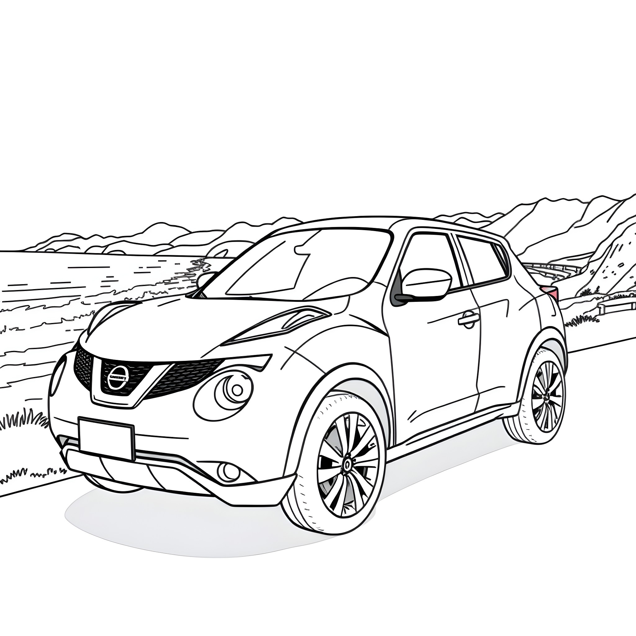 Nissan Juke driving through a scenic landscape Coloring Page (free black-and-white line drawing printable PDF for all, from beginners to advanced learners, including children, teens, adults, and seniors)