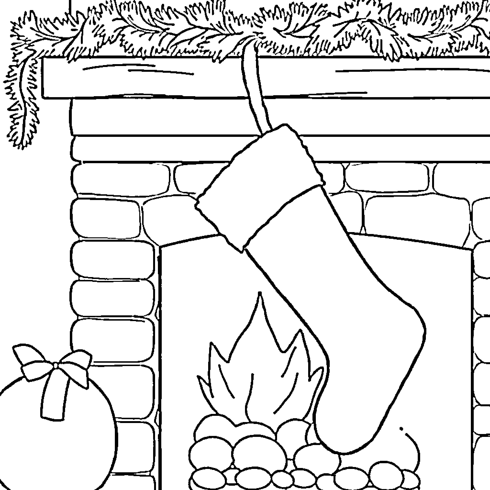 Christmas Stocking by the Fireplace Coloring Page (free black-and-white line drawing printable PDF for all, from beginners to advanced learners, including children, teens, adults, and seniors)