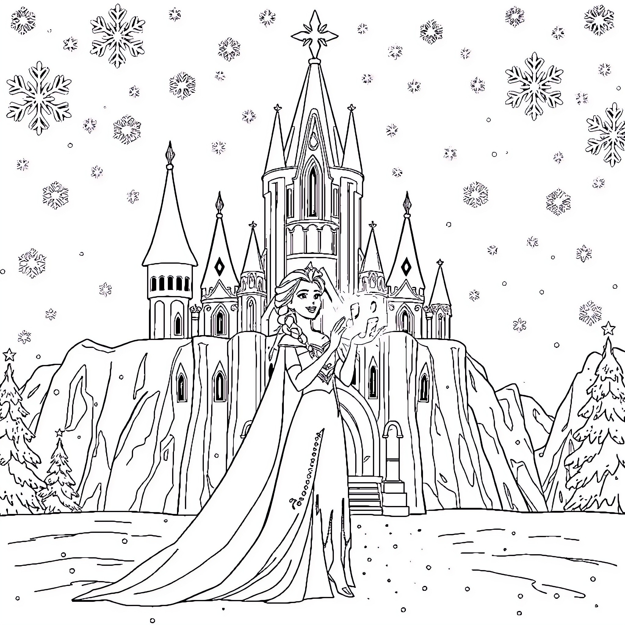 Elsa's Enchanting Castle and Snowy Wonderland Coloring Page (free black-and-white line drawing printable PDF for all, from beginners to advanced learners, including children, teens, adults, and seniors)
