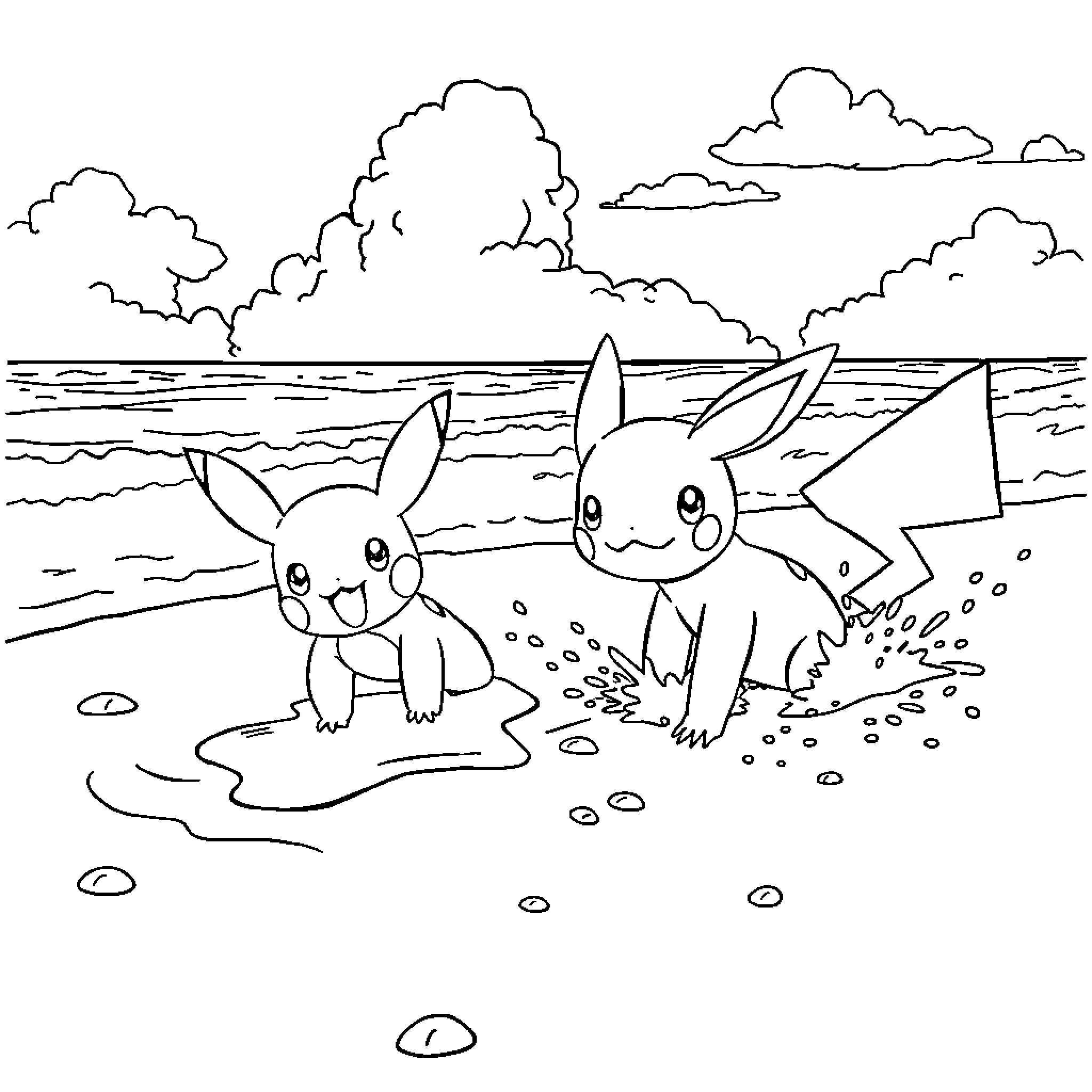 Pokémon playing joyfully by the beach Coloring Page (free black-and-white line drawing printable PDF for all, from beginners to advanced learners, including children, teens, adults, and seniors)