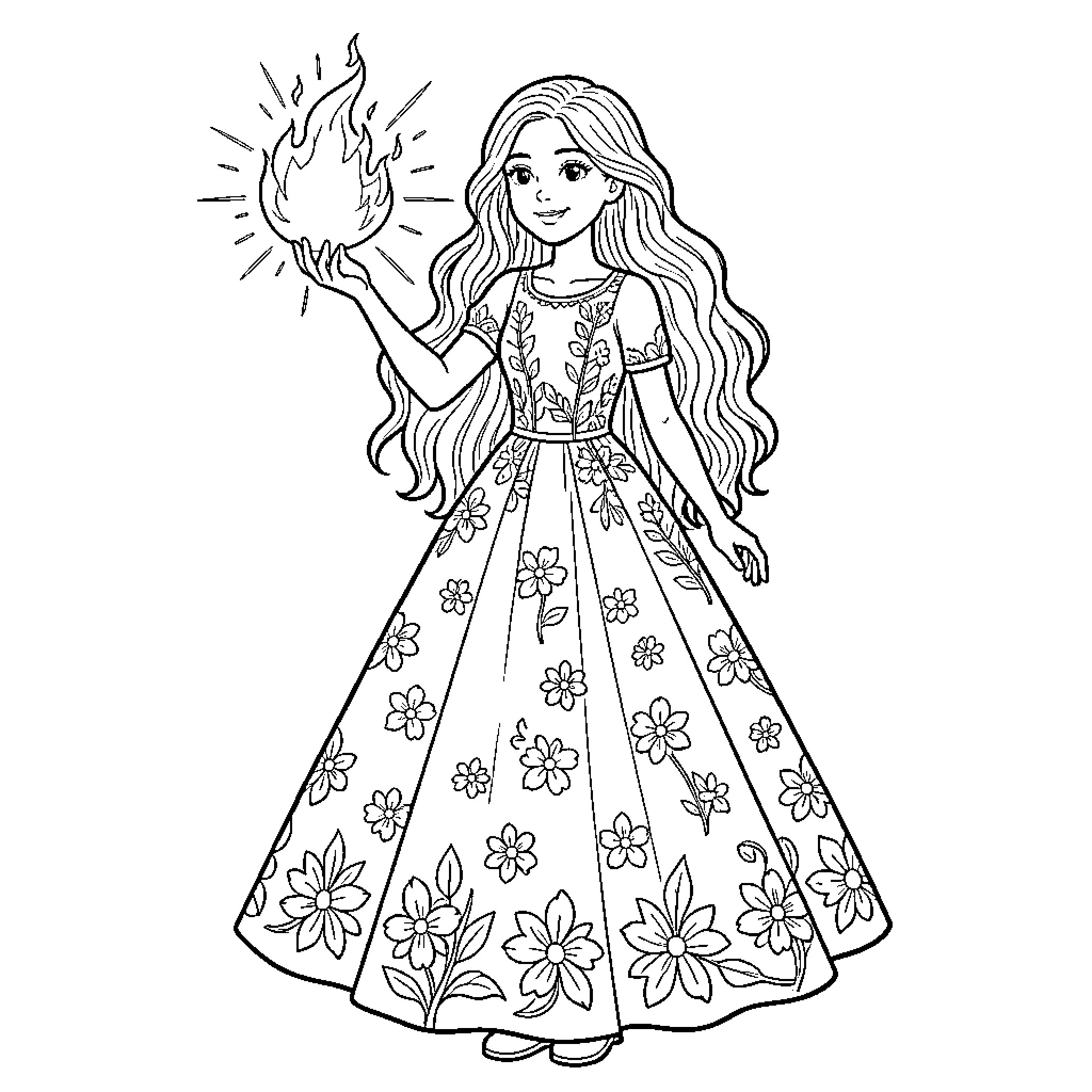 Fille holding a magical flame in an ornate dress Coloring Page (free black-and-white line drawing printable PDF for all, from beginners to advanced learners, including children, teens, adults, and seniors)