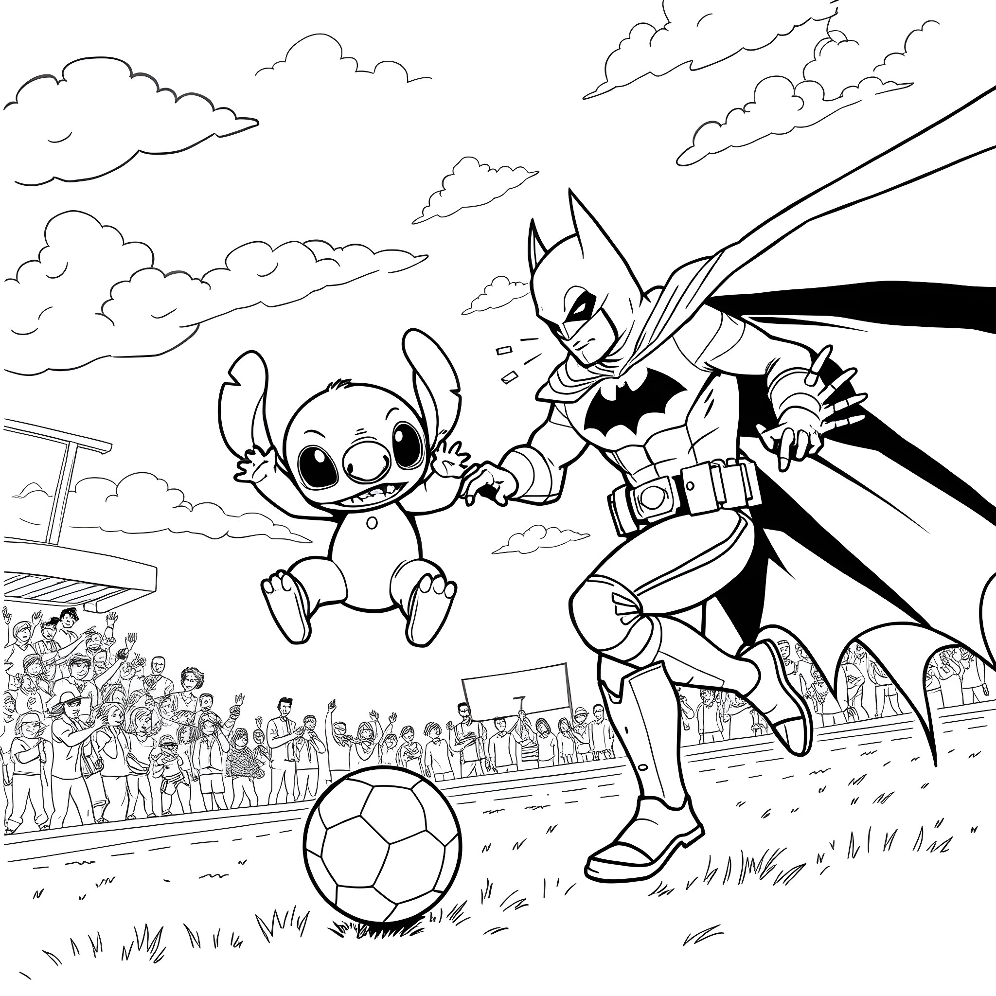 Batman Assists Stitch in a Soccer Match Coloring Page (free black-and-white line drawing printable PDF for all, from beginners to advanced learners, including children, teens, adults, and seniors)