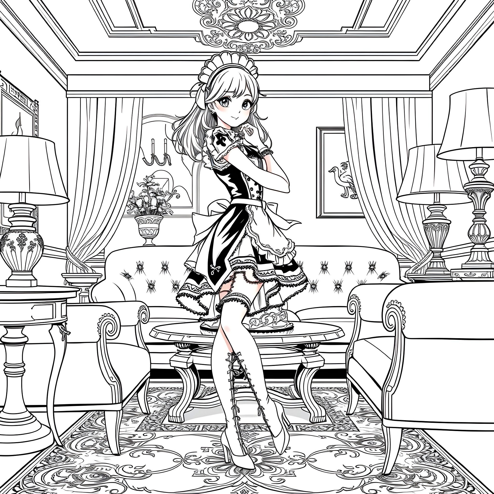 Maid serving tea in a luxurious manor Coloring Page (free black-and-white line drawing printable PDF for all, from beginners to advanced learners, including children, teens, adults, and seniors)
