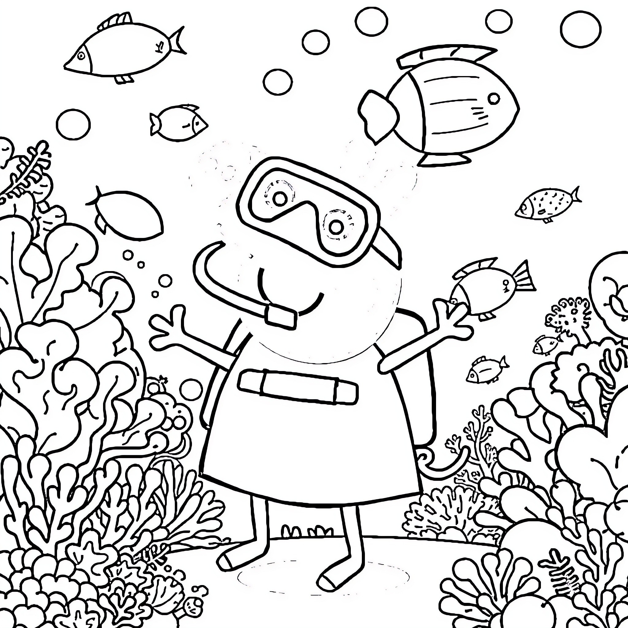 Peppa Pig exploring the underwater world with marine creatures Coloring Page (free black-and-white line drawing printable PDF for all, from beginners to advanced learners, including children, teens, adults, and seniors)