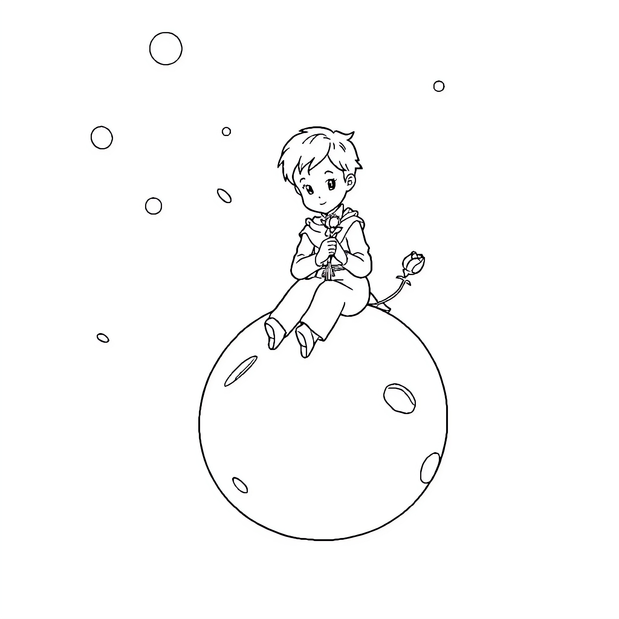 Little Prince on a Lunar Journey Coloring Page (free black-and-white line drawing printable PDF for all, from beginners to advanced learners, including children, teens, adults, and seniors)