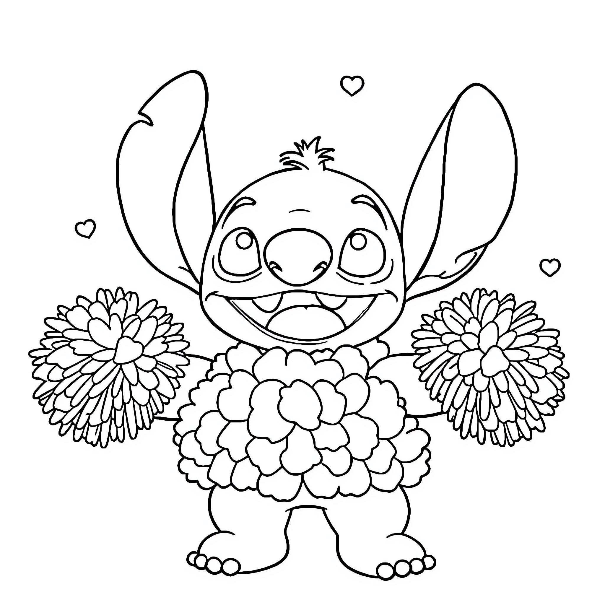 Stitch surrounded by colorful flowers Coloring Page (free black-and-white line drawing printable PDF for all, from beginners to advanced learners, including children, teens, adults, and seniors)