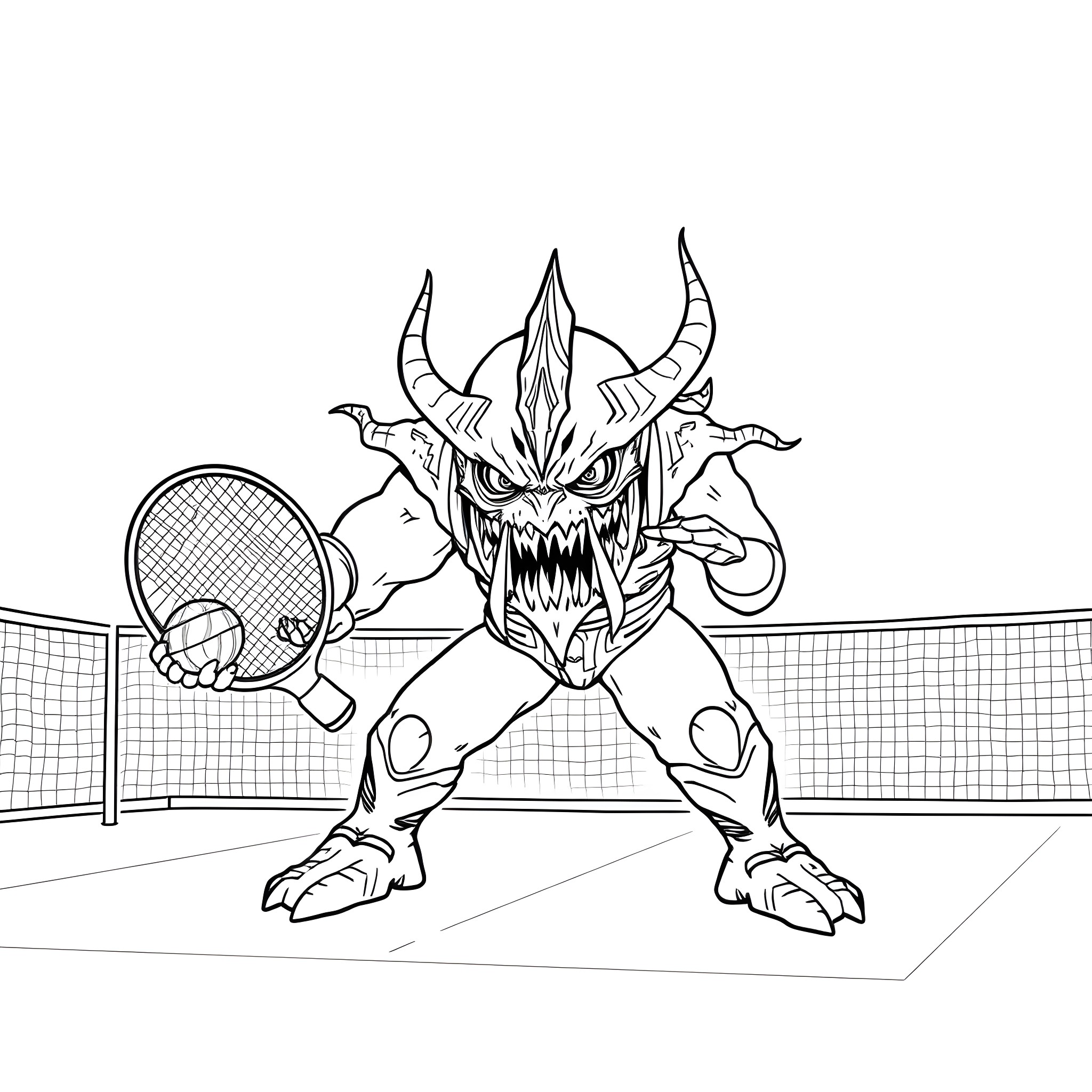 Beholder monster playing tennis on court Coloring Page (free black-and-white line drawing printable PDF for all, from beginners to advanced learners, including children, teens, adults, and seniors)