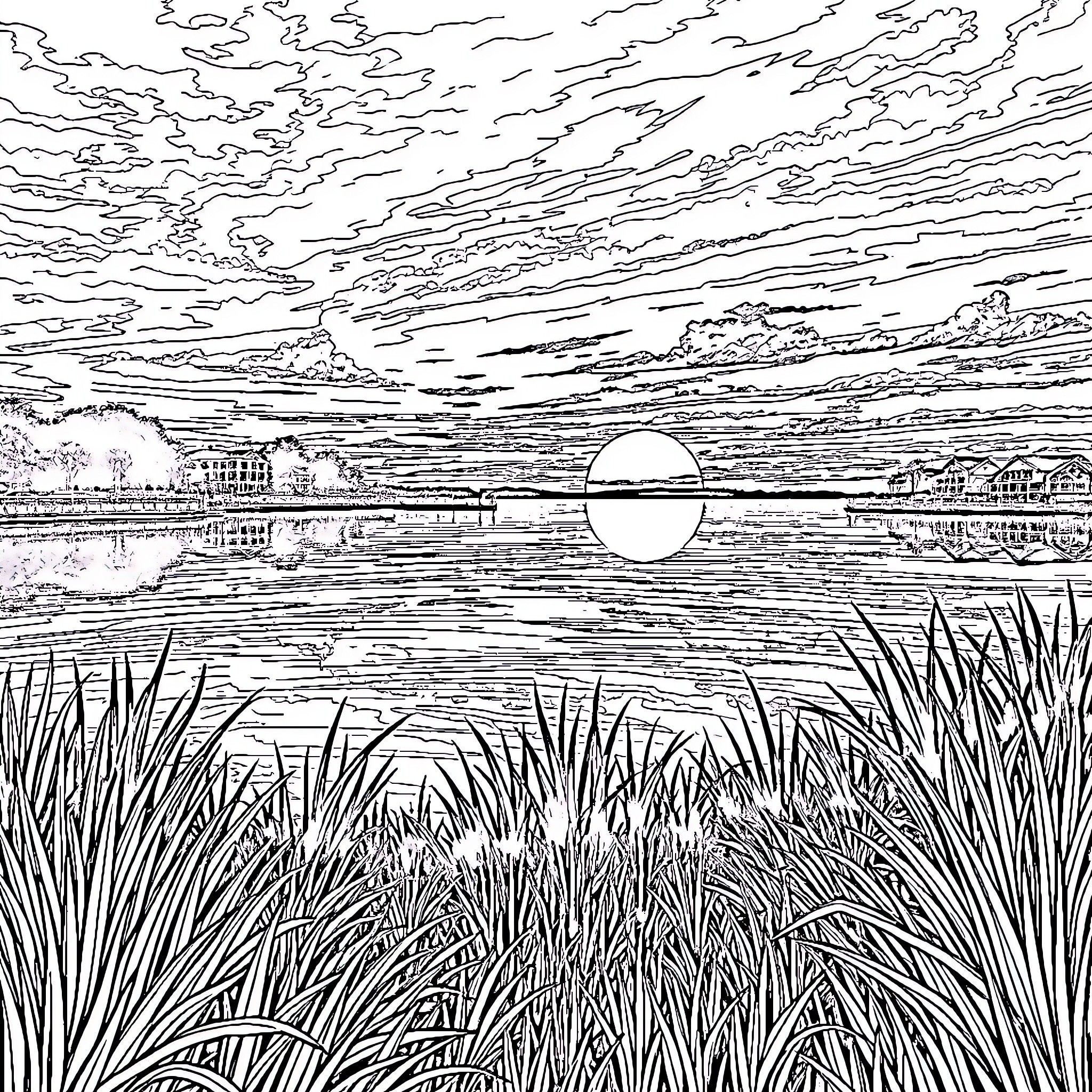 Lake view with sunset and silhouetted landscape Coloring Page (free black-and-white line drawing printable PDF for all, from beginners to advanced learners, including children, teens, adults, and seniors)