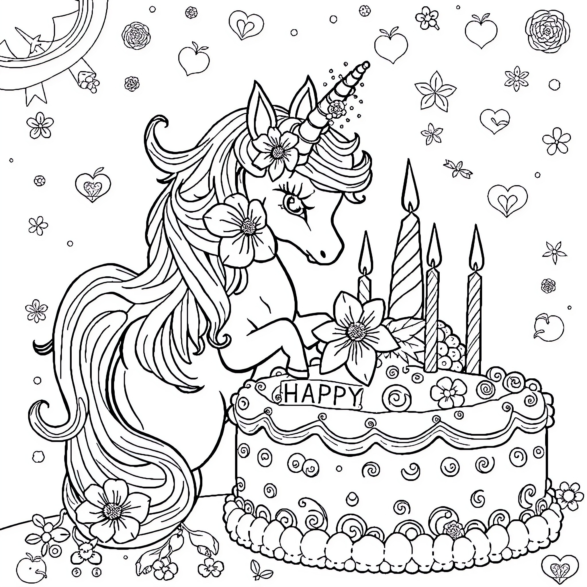 Unicorn celebrating with floral cake and candles Coloring Page (free black-and-white line drawing printable PDF for all, from beginners to advanced learners, including children, teens, adults, and seniors)