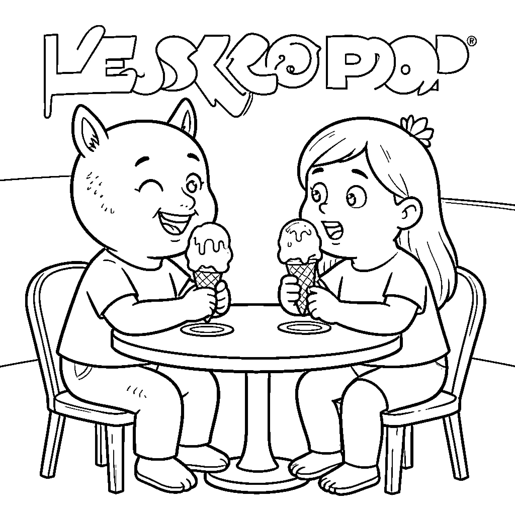 Kepop characters enjoying ice cream at a table Coloring Page (free black-and-white line drawing printable PDF for all, from beginners to advanced learners, including children, teens, adults, and seniors)