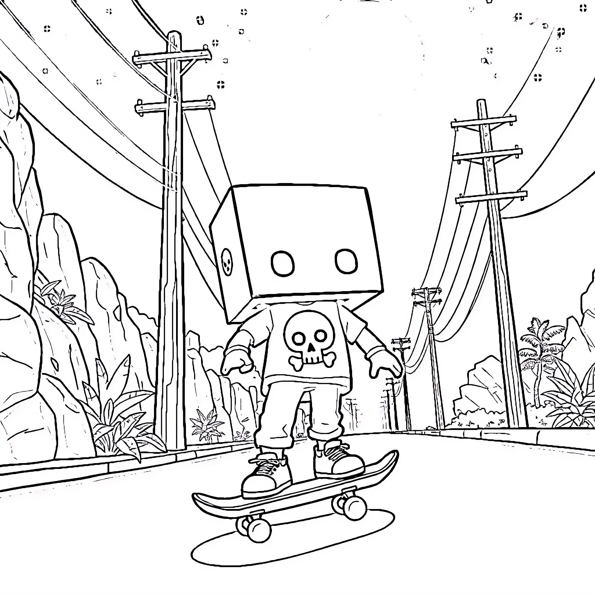 Box-Headed Character Skateboarding Through Surreal Landscape Coloring Page (free black-and-white line drawing printable PDF for all, from beginners to advanced learners, including children, teens, adults, and seniors)