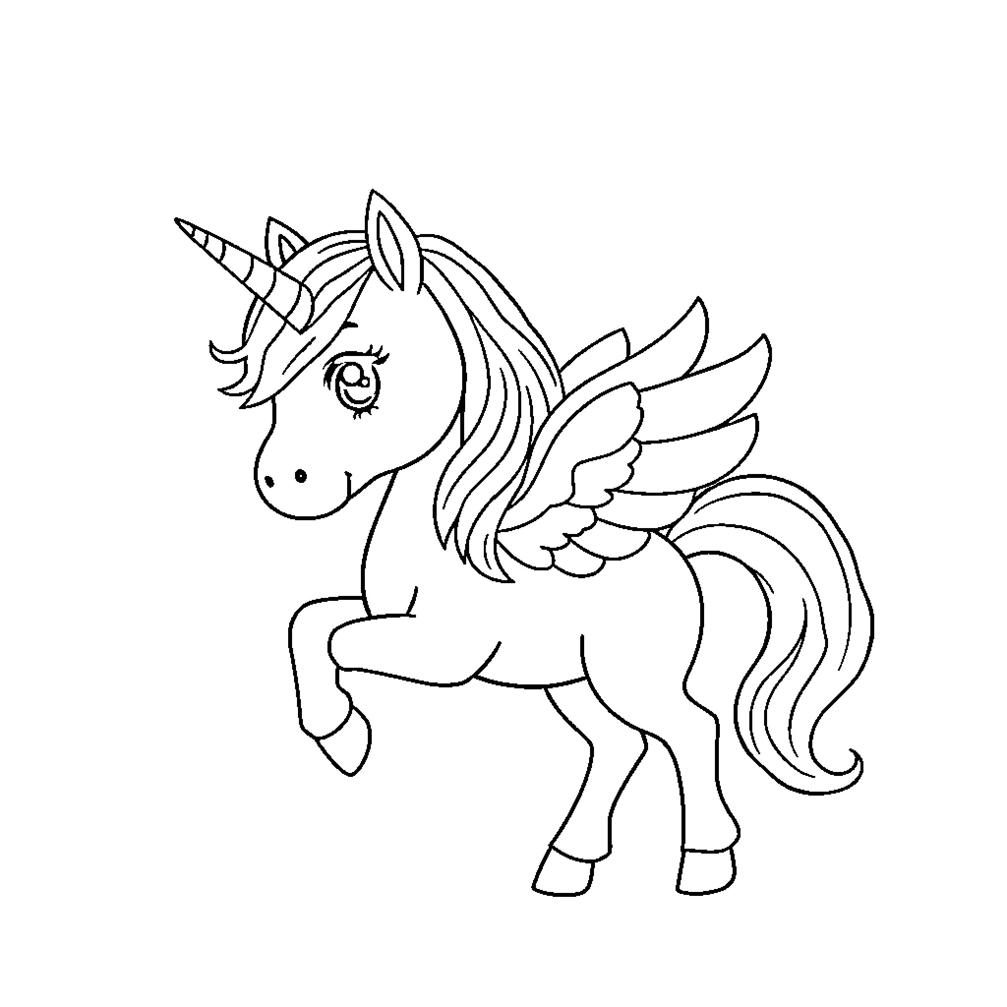 Unicorn with wings soaring gracefully Coloring Page (free black-and-white line drawing printable PDF for all, from beginners to advanced learners, including children, teens, adults, and seniors)