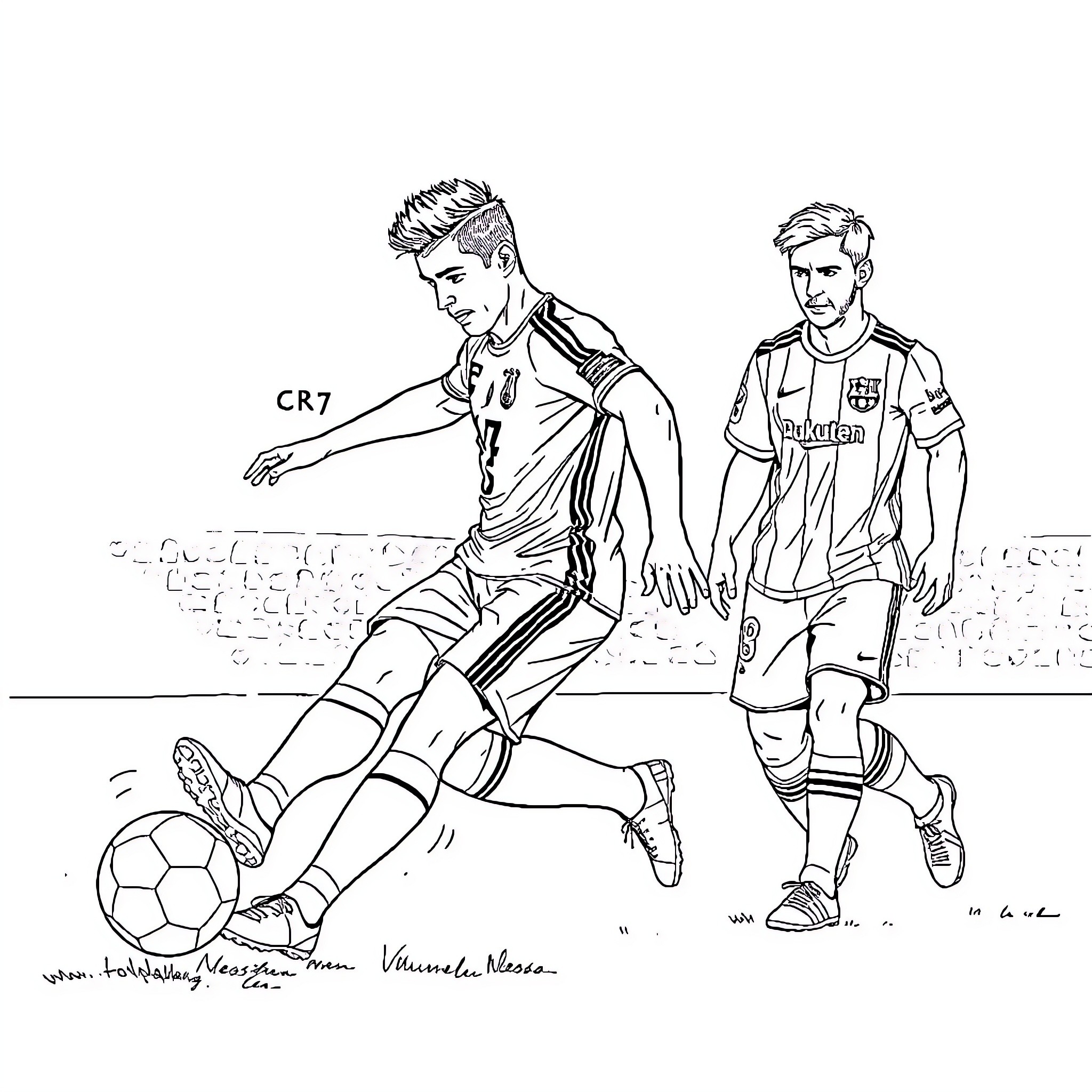 Cr7 players in action on the soccer field Coloring Page (free black-and-white line drawing printable PDF for all, from beginners to advanced learners, including children, teens, adults, and seniors)