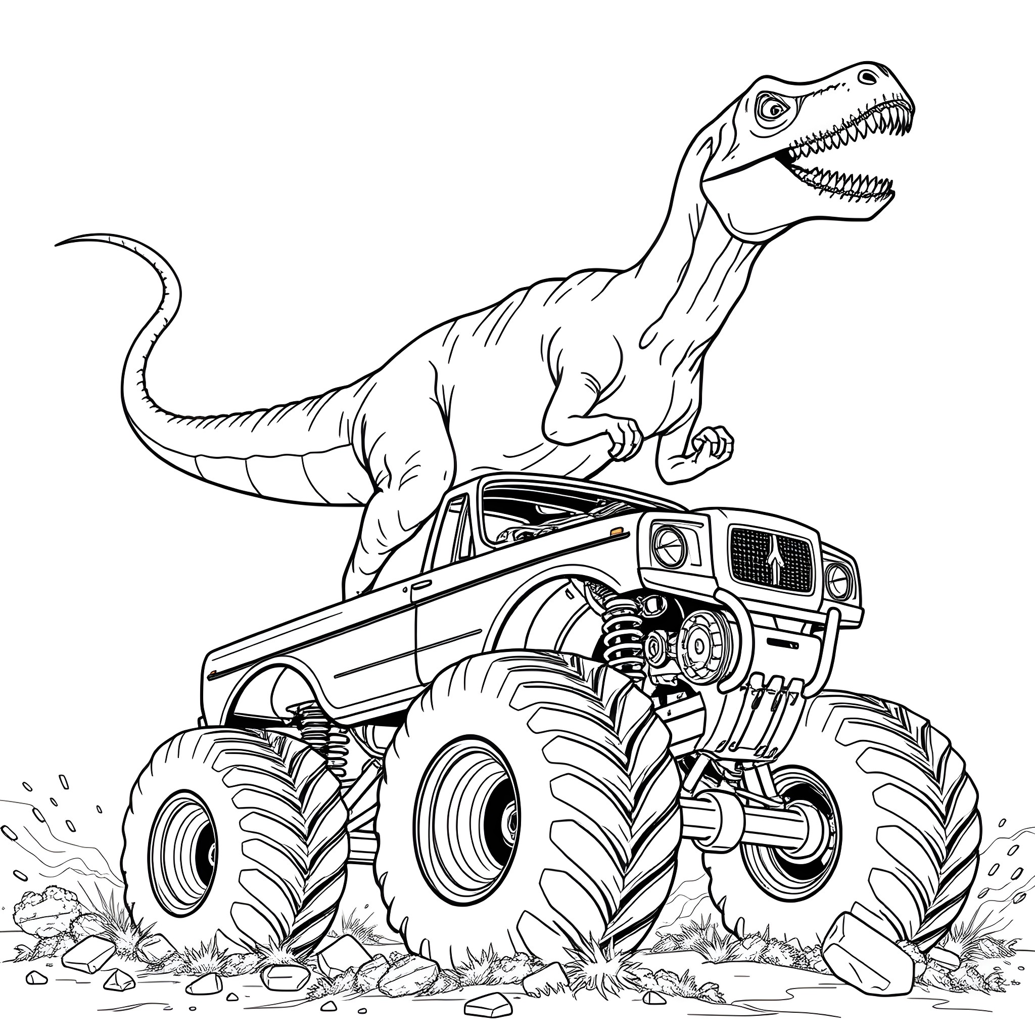 Dinosaur stomping on monster truck Coloring Page (free black-and-white line drawing printable PDF for all, from beginners to advanced learners, including children, teens, adults, and seniors)