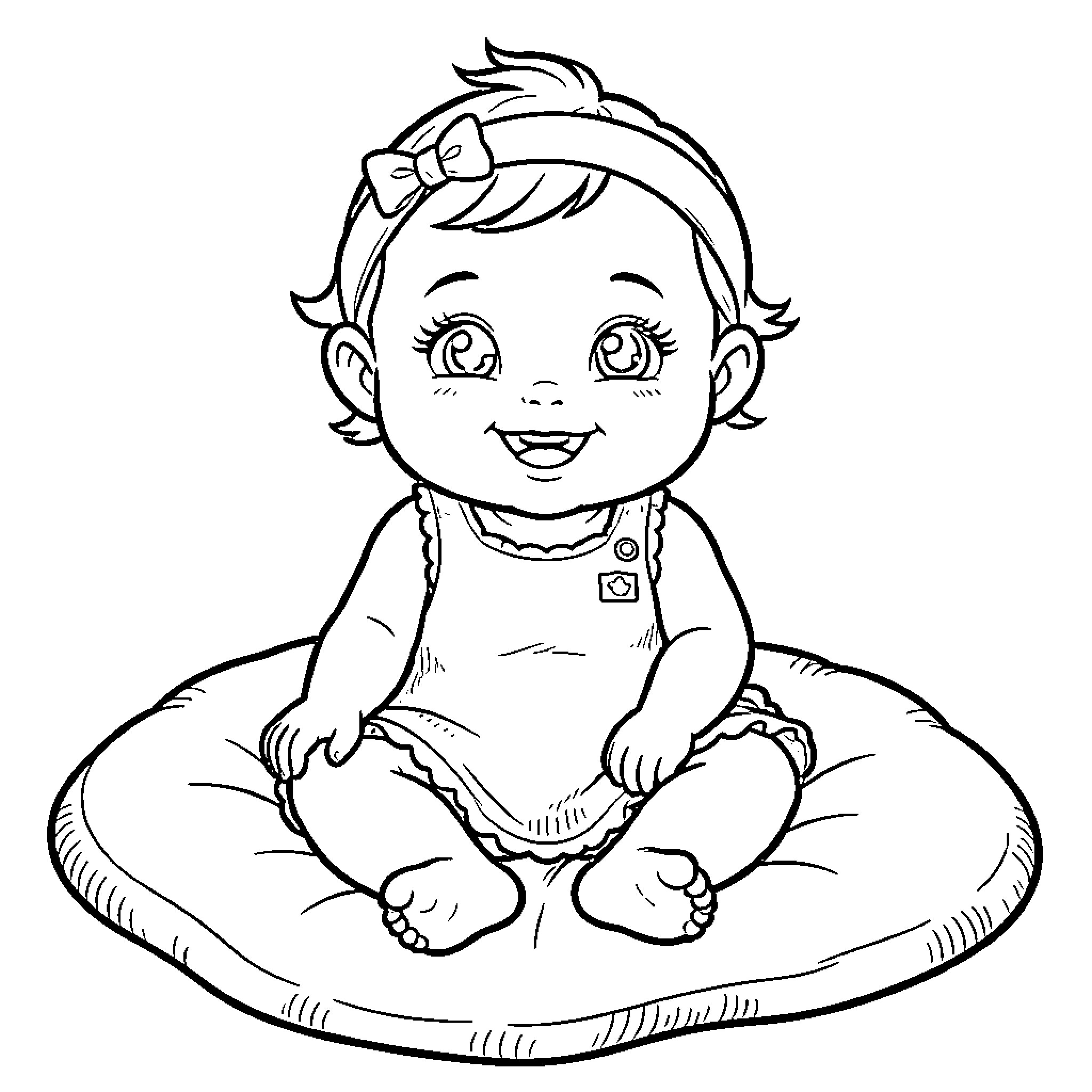 Baby Doll sitting happily on a soft cushion Coloring Page (free black-and-white line drawing printable PDF for all, from beginners to advanced learners, including children, teens, adults, and seniors)