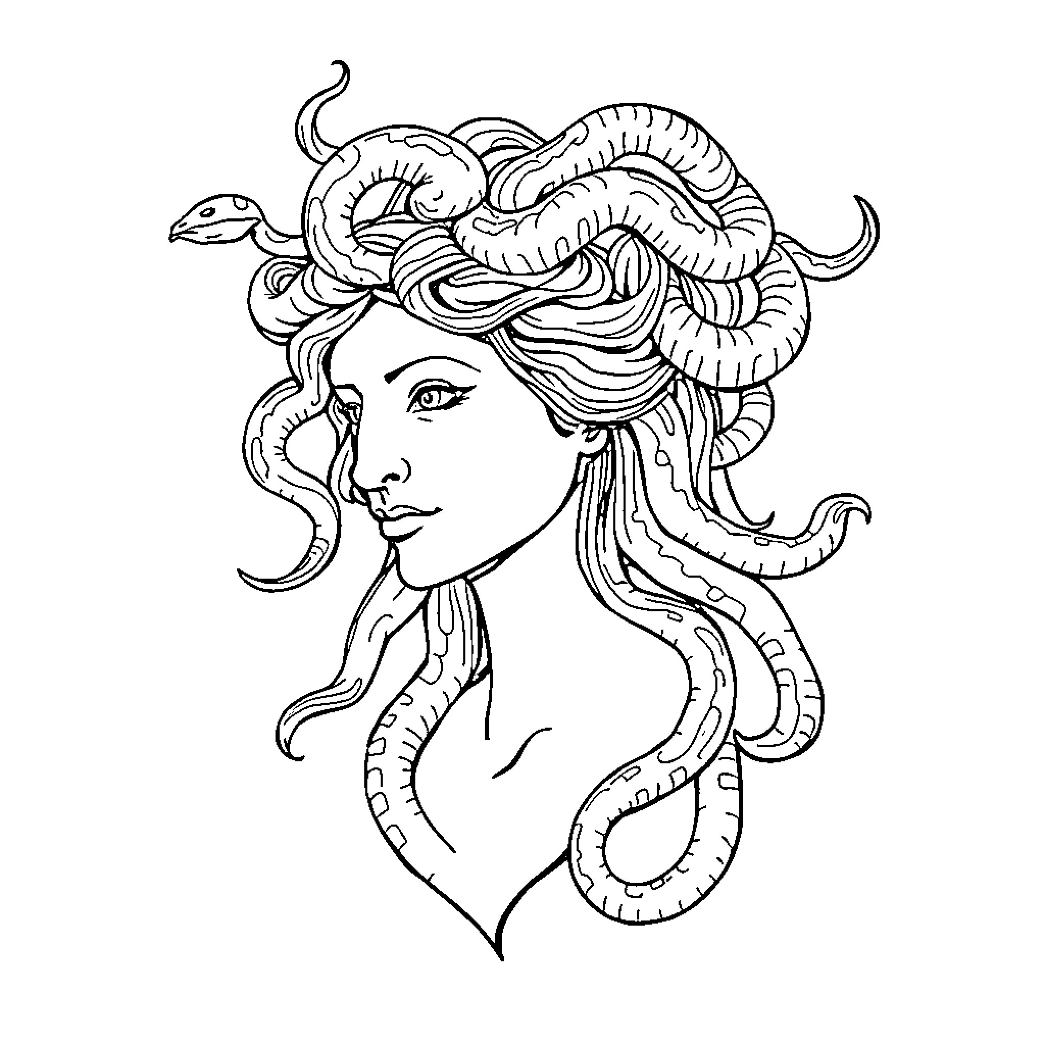 Medusa with Serpent-like Hair and Intense Gaze Coloring Page (free black-and-white line drawing printable PDF for all, from beginners to advanced learners, including children, teens, adults, and seniors)