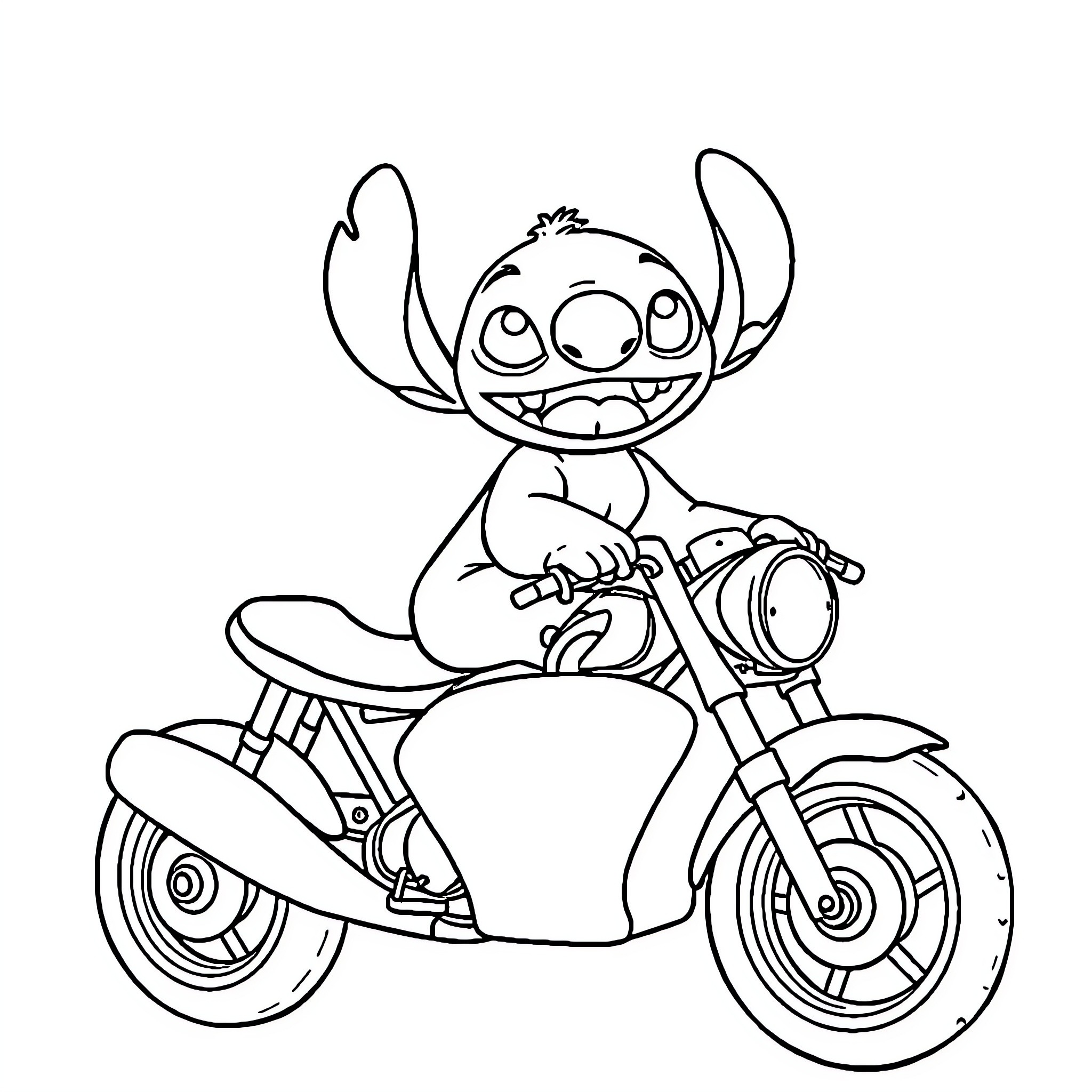 Moto Stitch riding a motorcycle happily Coloring Page (free black-and-white line drawing printable PDF for all, from beginners to advanced learners, including children, teens, adults, and seniors)