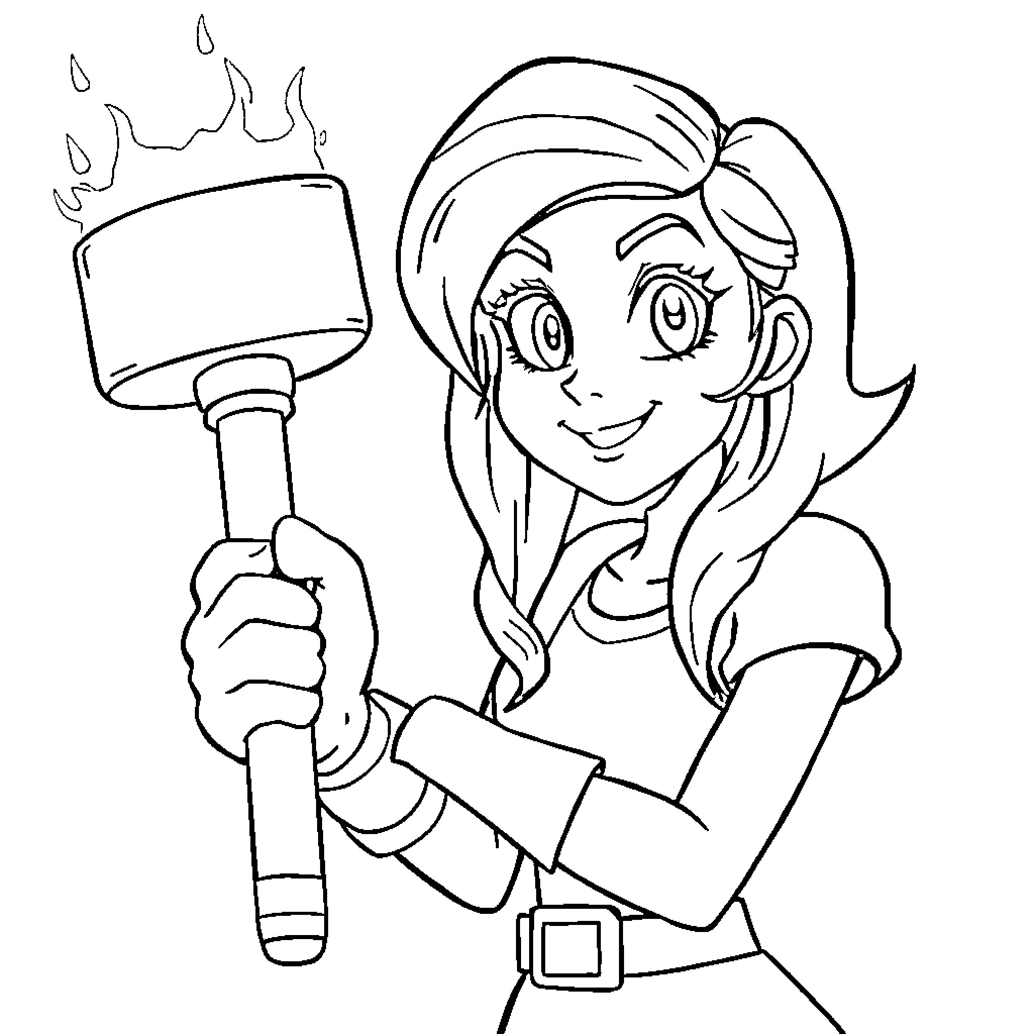 Amy wielding a hot cooking tool Coloring Page (free black-and-white line drawing printable PDF for all, from beginners to advanced learners, including children, teens, adults, and seniors)