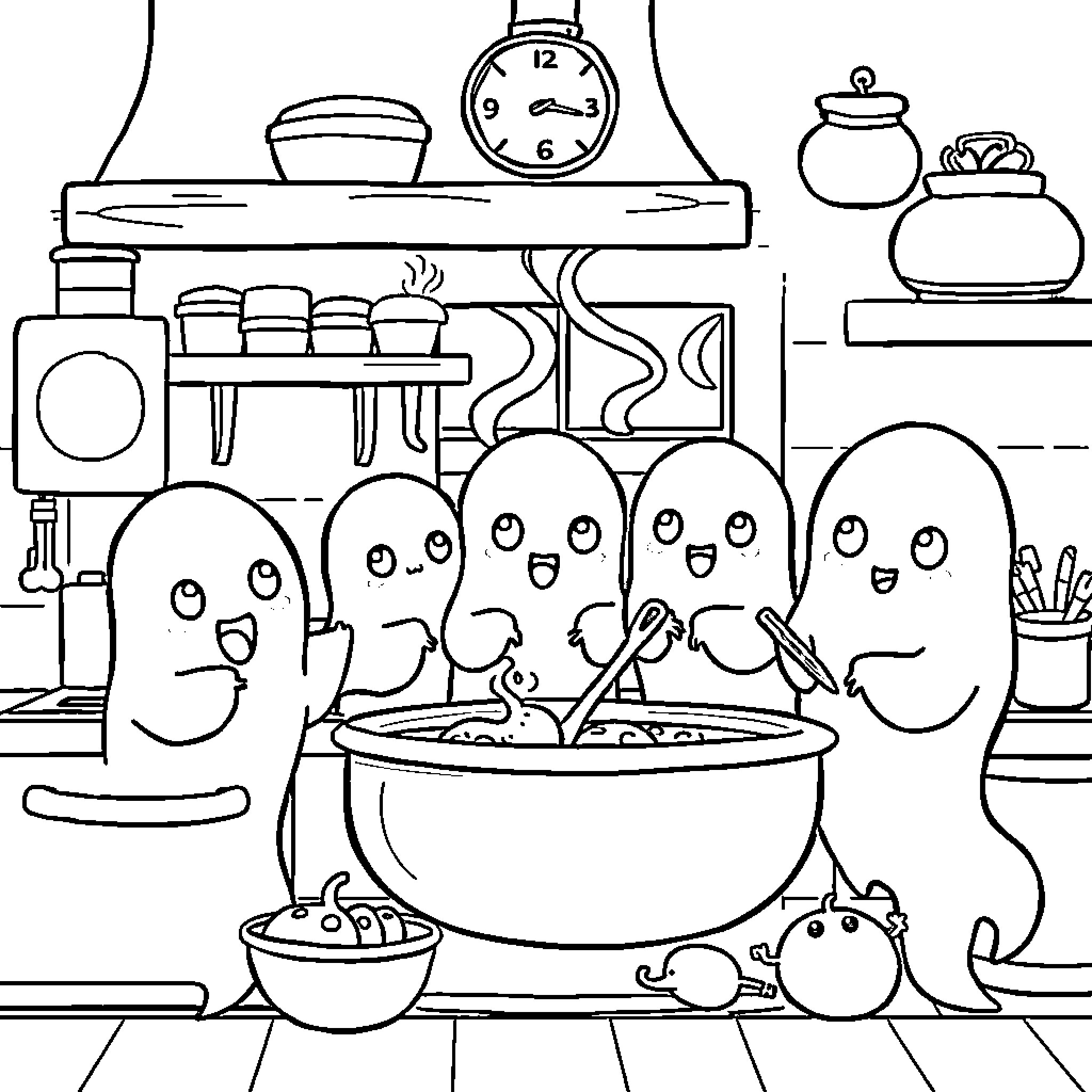 Ghost characters cooking and enjoying a meal together Coloring Page (free black-and-white line drawing printable PDF for all, from beginners to advanced learners, including children, teens, adults, and seniors)