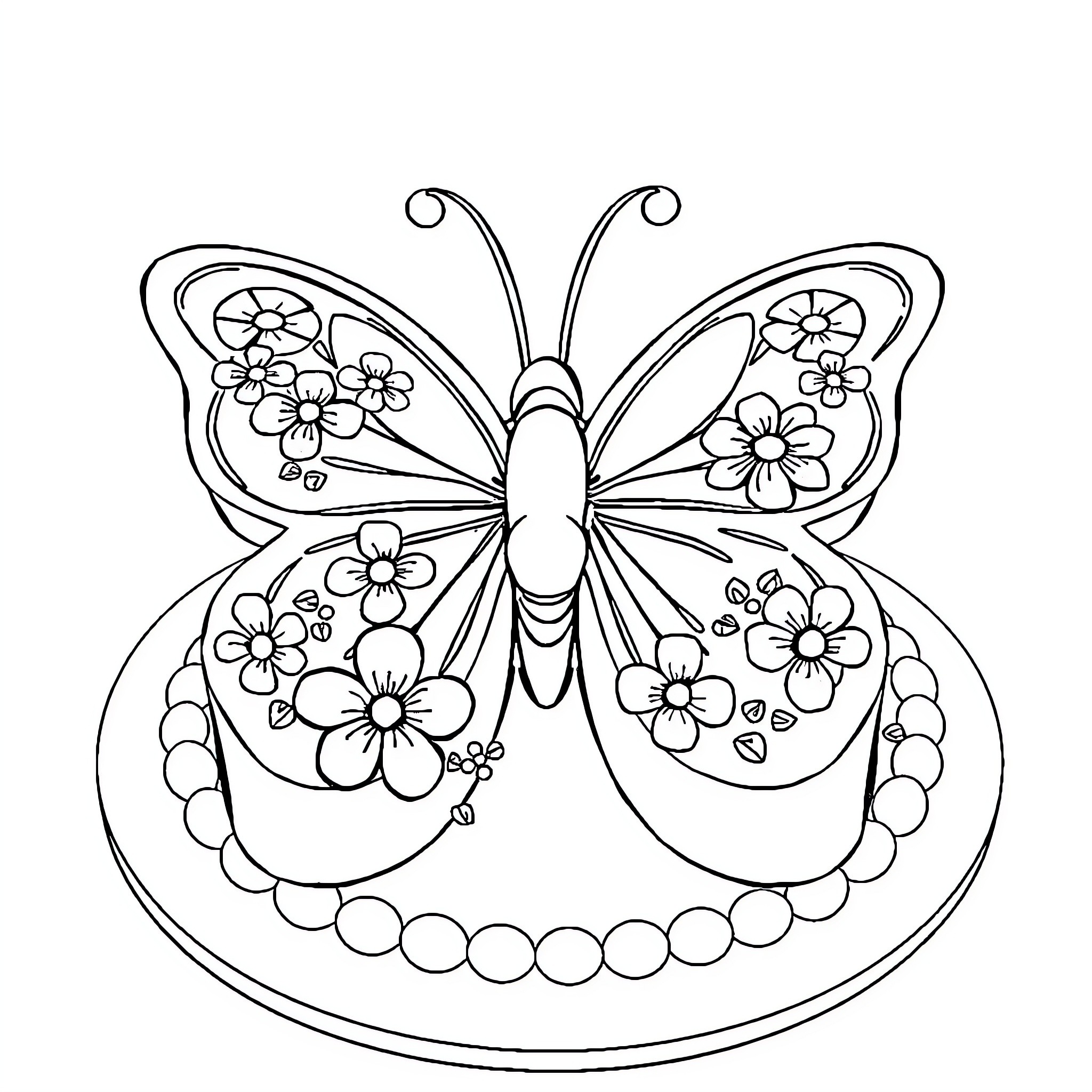Butterfly adorned with floral designs Coloring Page (free black-and-white line drawing printable PDF for all, from beginners to advanced learners, including children, teens, adults, and seniors)