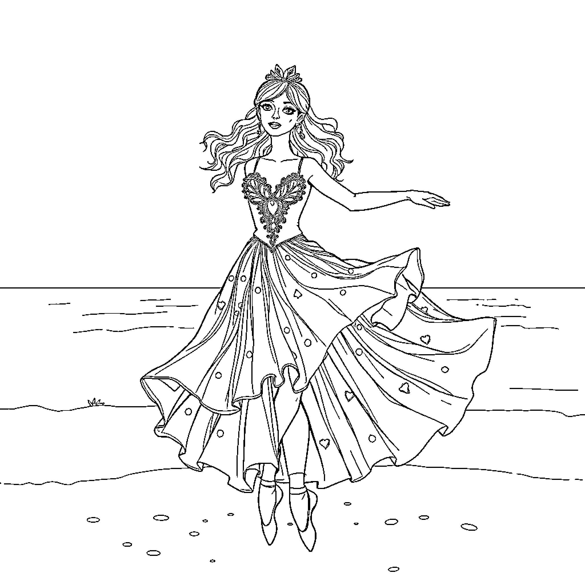 Loro dancing elegantly on the beach Coloring Page (free black-and-white line drawing printable PDF for all, from beginners to advanced learners, including children, teens, adults, and seniors)