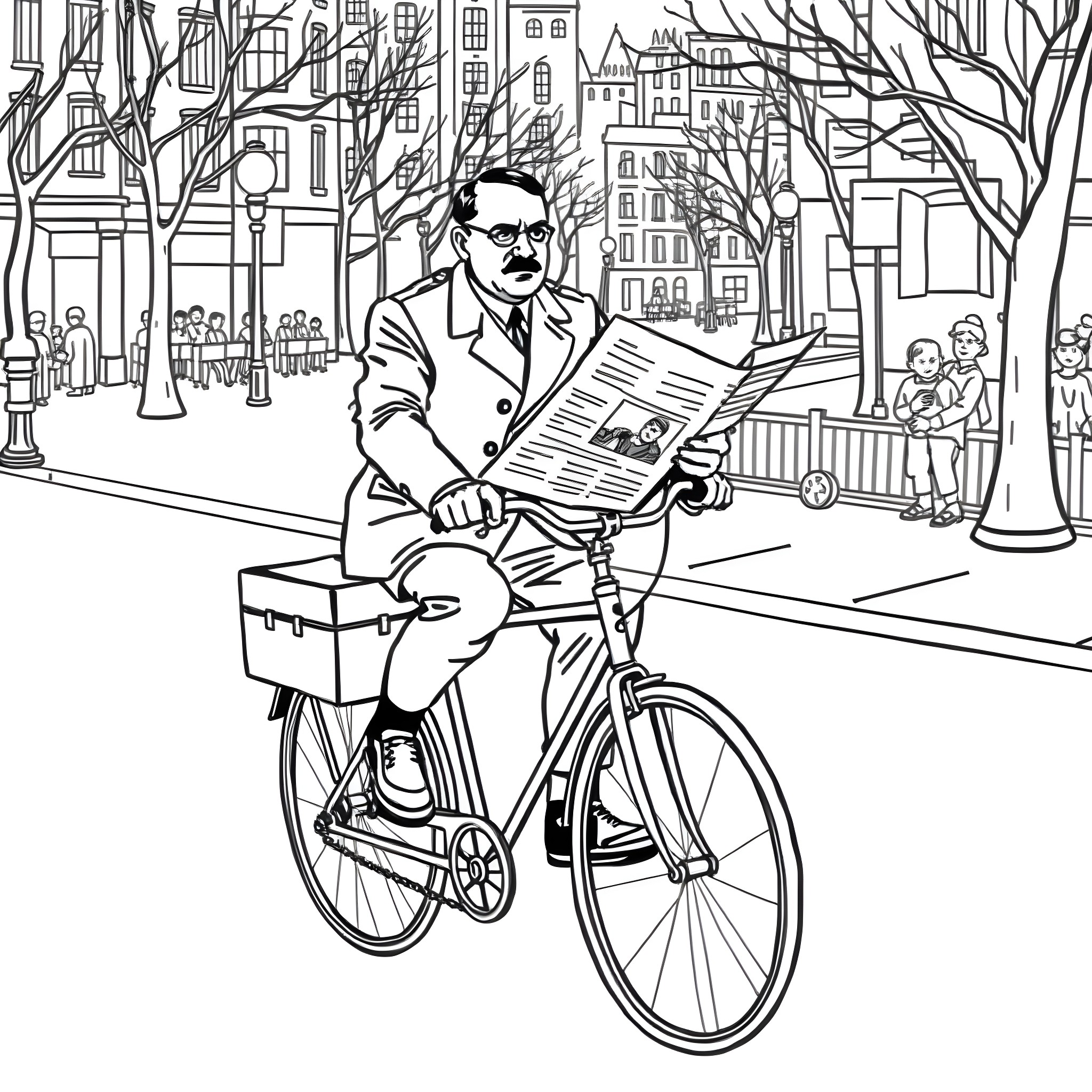 Bicycle Commute through a Lively City Scene Coloring Page (free black-and-white line drawing printable PDF for all, from beginners to advanced learners, including children, teens, adults, and seniors)