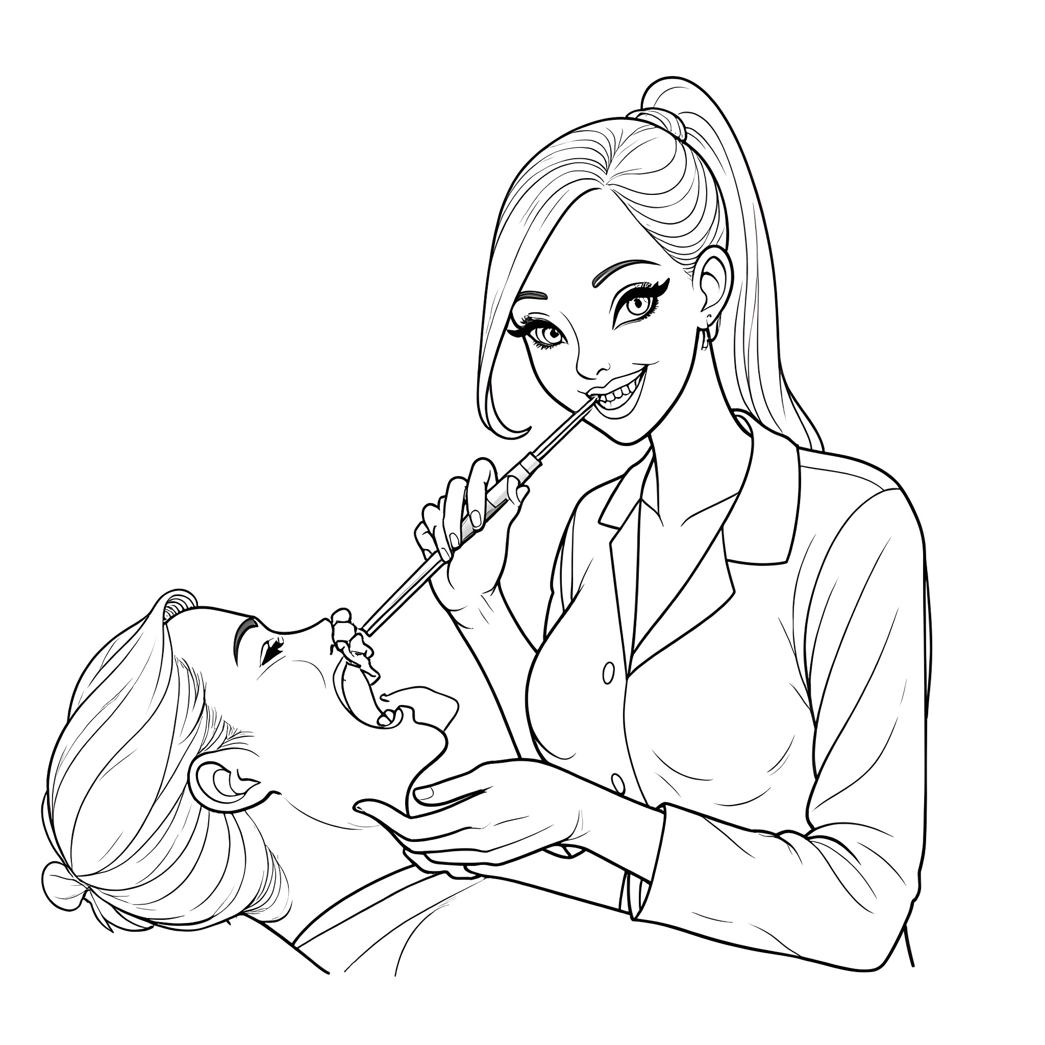 Dentist examining patient with smiling expression Coloring Page (free black-and-white line drawing printable PDF for all, from beginners to advanced learners, including children, teens, adults, and seniors)