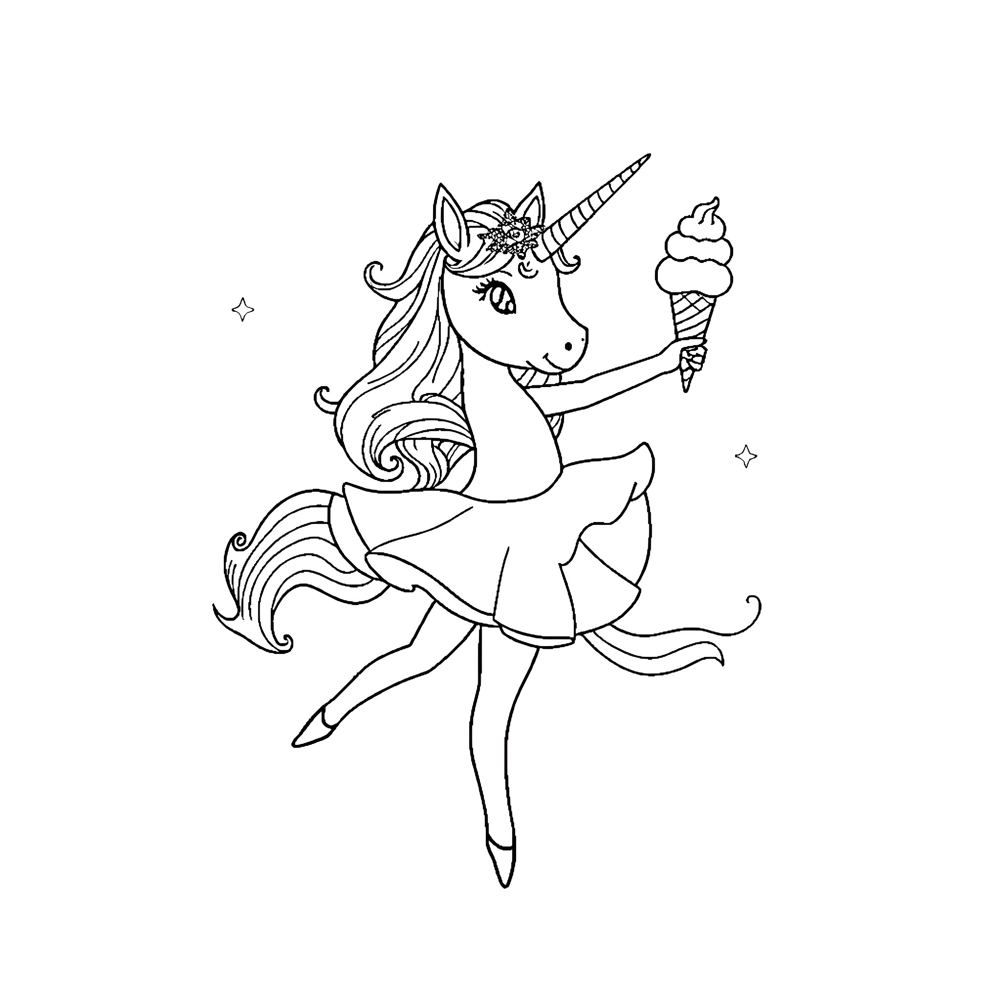 Unicorn ballerina dancing with ice cream cone Coloring Page (free black-and-white line drawing printable PDF for all, from beginners to advanced learners, including children, teens, adults, and seniors)