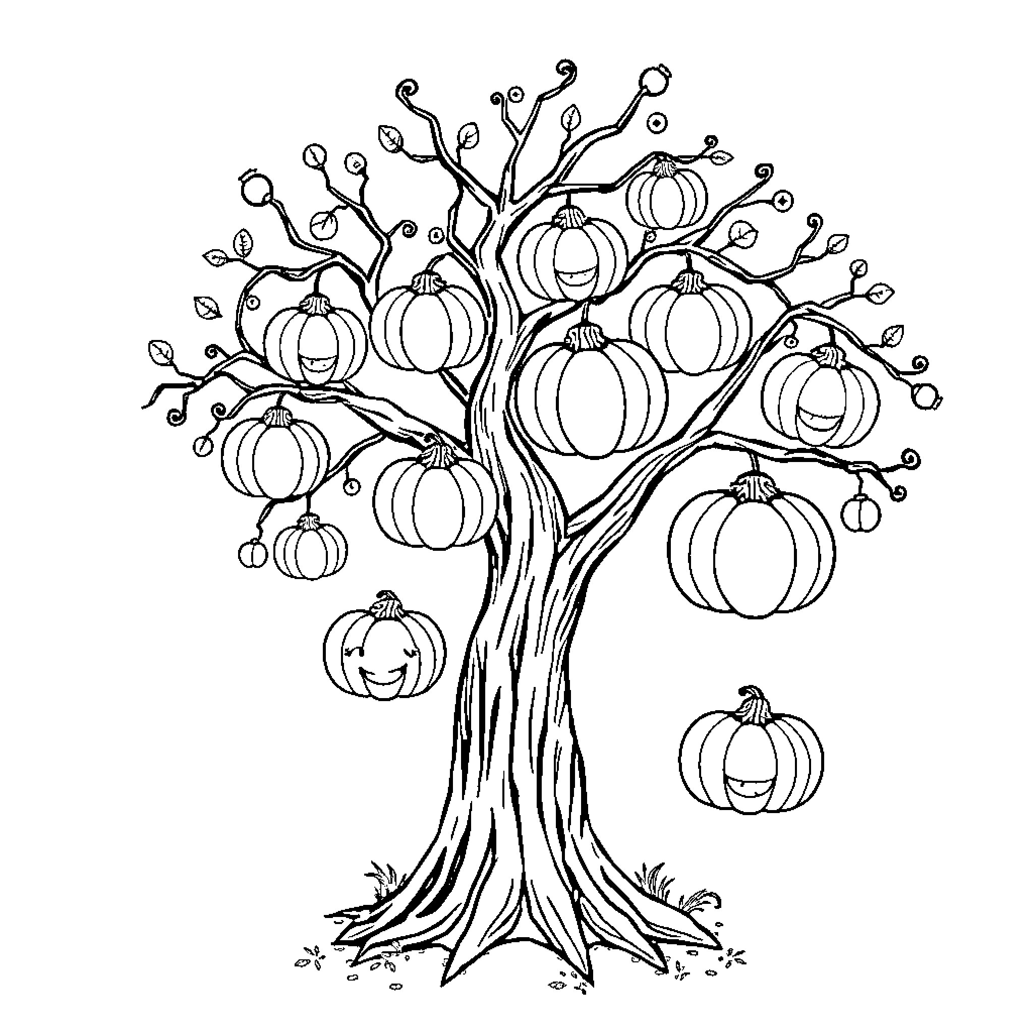 Tree with Hanging Pumpkins Coloring Page (free black-and-white line drawing printable PDF for all, from beginners to advanced learners, including children, teens, adults, and seniors)