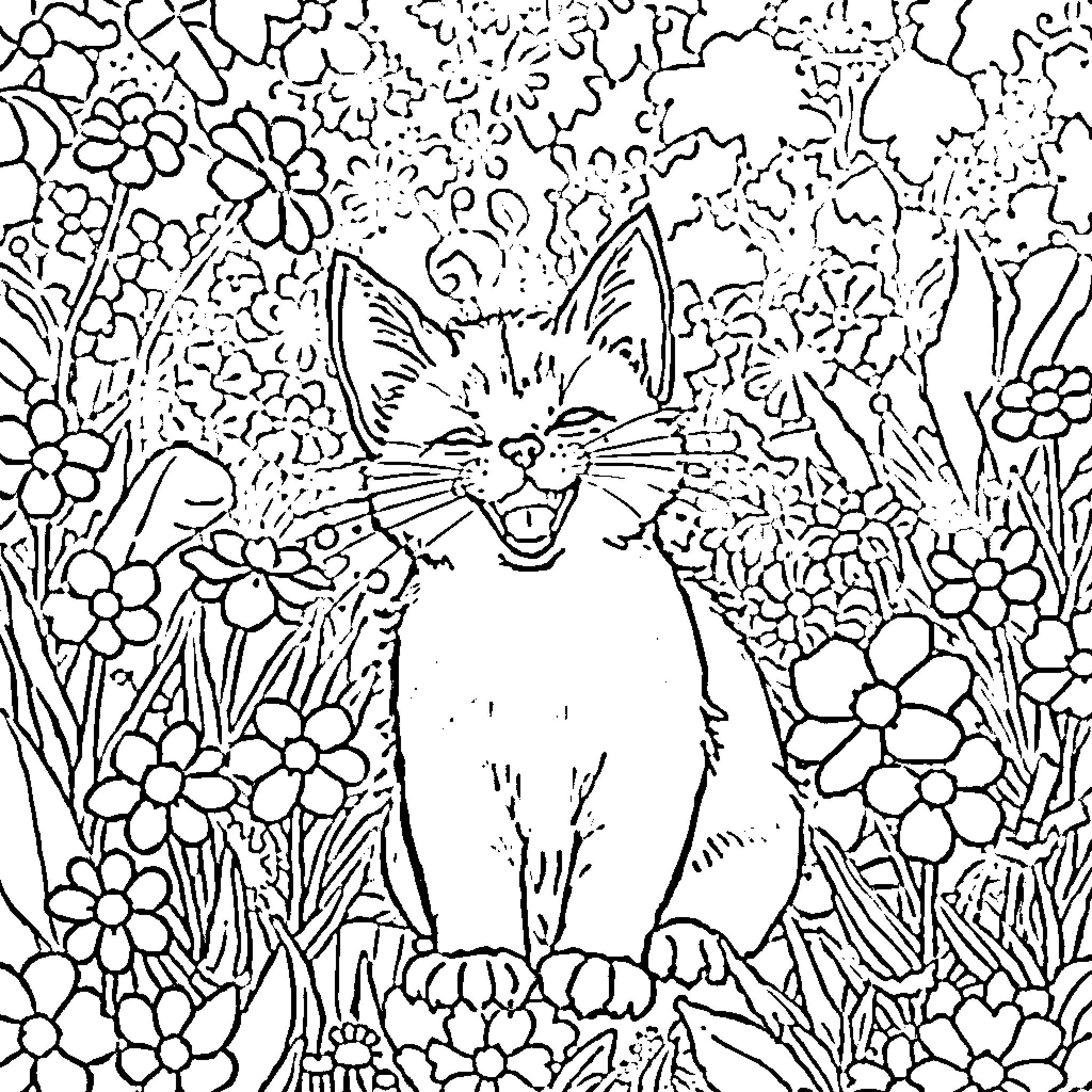 Cat Surrounded by Whimsical Flowers Coloring Page (free black-and-white line drawing printable PDF for all, from beginners to advanced learners, including children, teens, adults, and seniors)