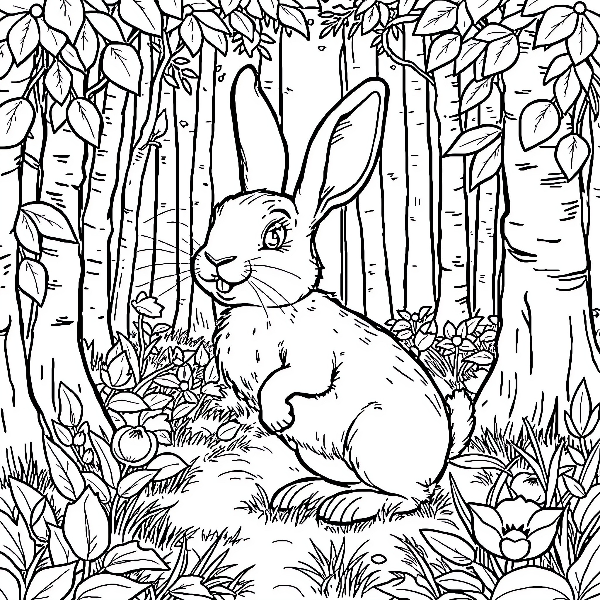 Rabbit in the Enchanted Forest Coloring Page (free black-and-white line drawing printable PDF for all, from beginners to advanced learners, including children, teens, adults, and seniors)