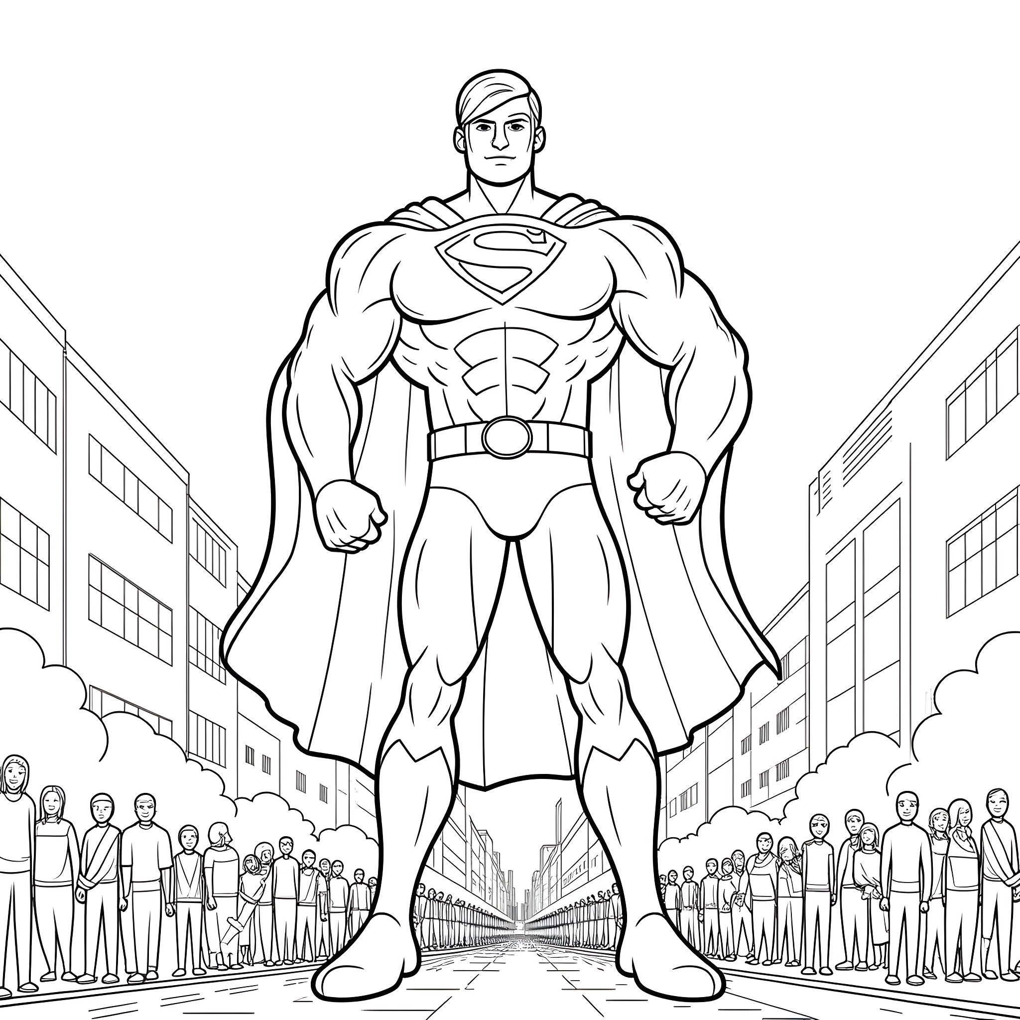 Giantess superhero towering over the city Coloring Page (free black-and-white line drawing printable PDF for all, from beginners to advanced learners, including children, teens, adults, and seniors)