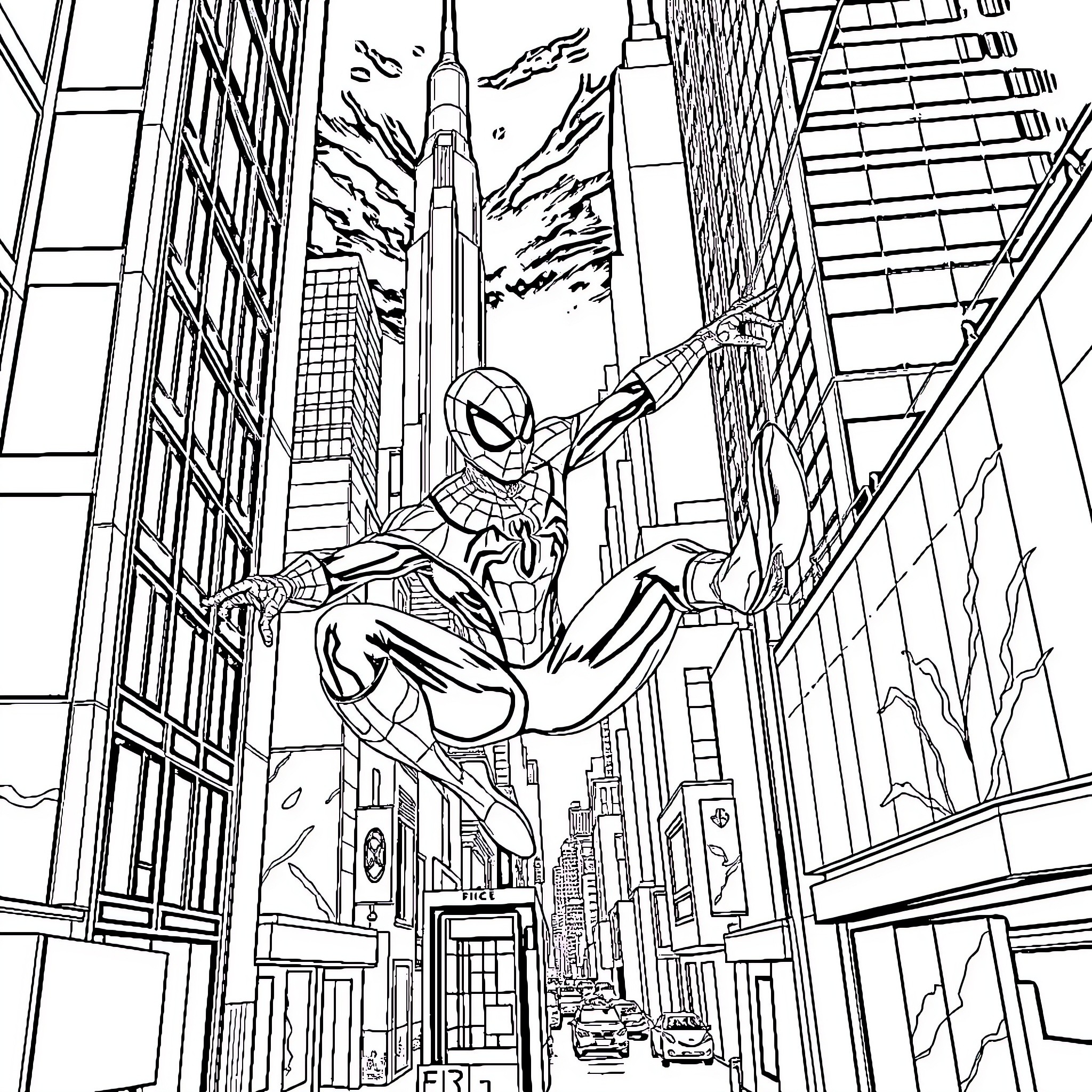 Spider-Man swinging through the city skyline Coloring Page (free black-and-white line drawing printable PDF for all, from beginners to advanced learners, including children, teens, adults, and seniors)