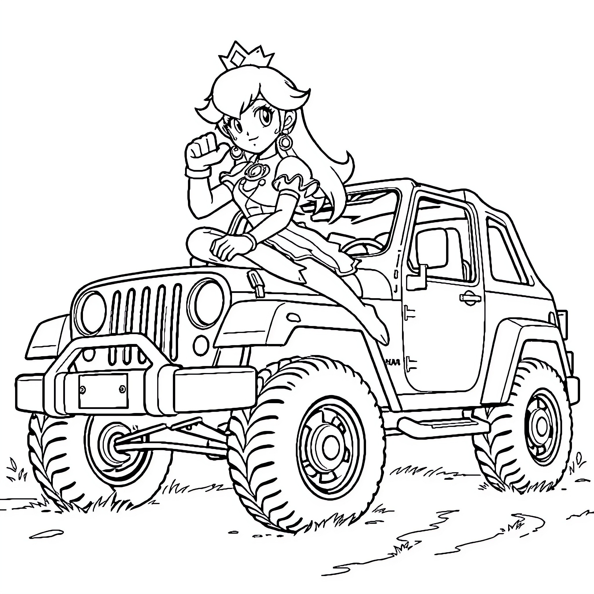Princess Exploring in Her Off-Road Adventure Vehicle Coloring Page (free black-and-white line drawing printable PDF for all, from beginners to advanced learners, including children, teens, adults, and seniors)