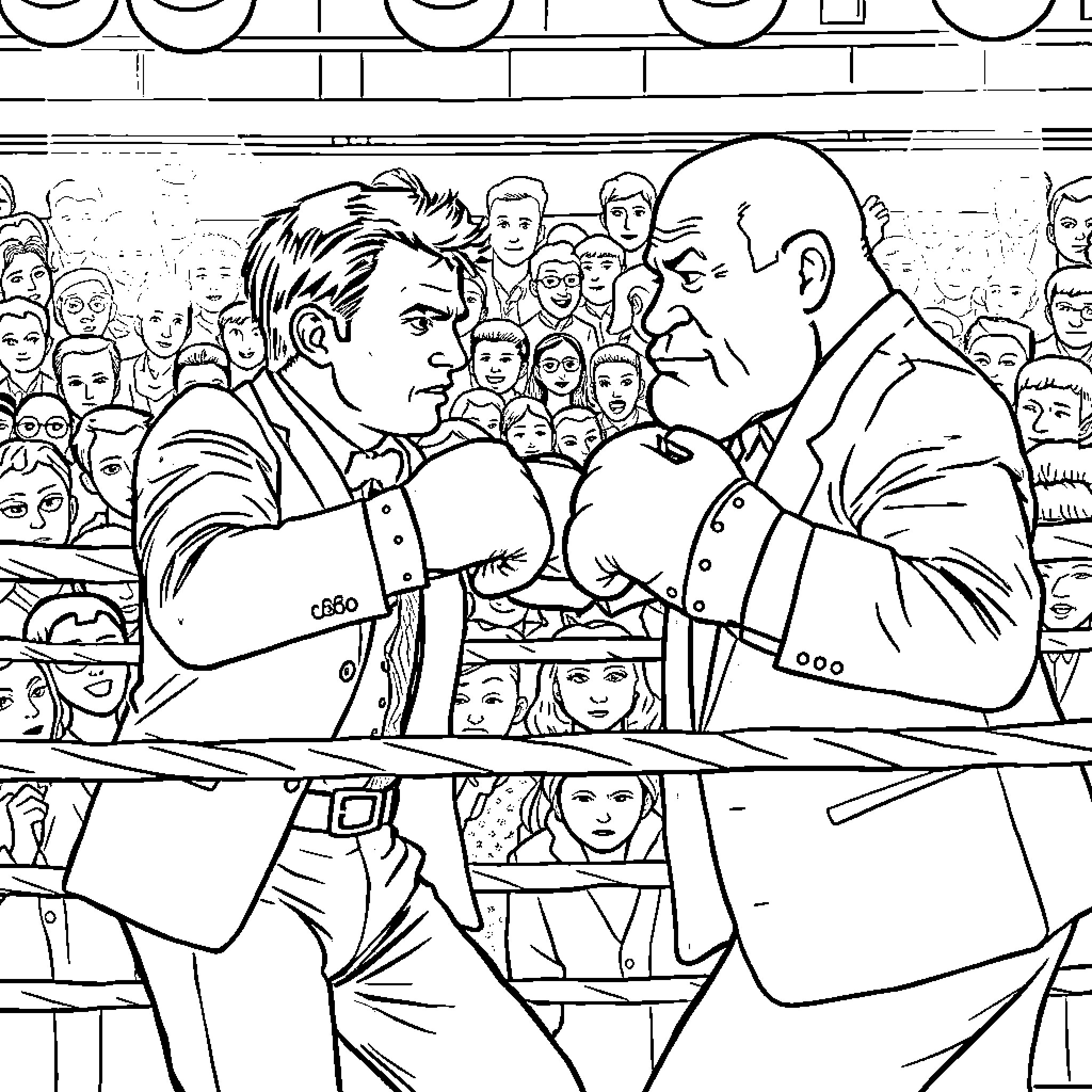 Emanuel Macron Debating Opposing Leader on Stage Coloring Page (free black-and-white line drawing printable PDF for all, from beginners to advanced learners, including children, teens, adults, and seniors)