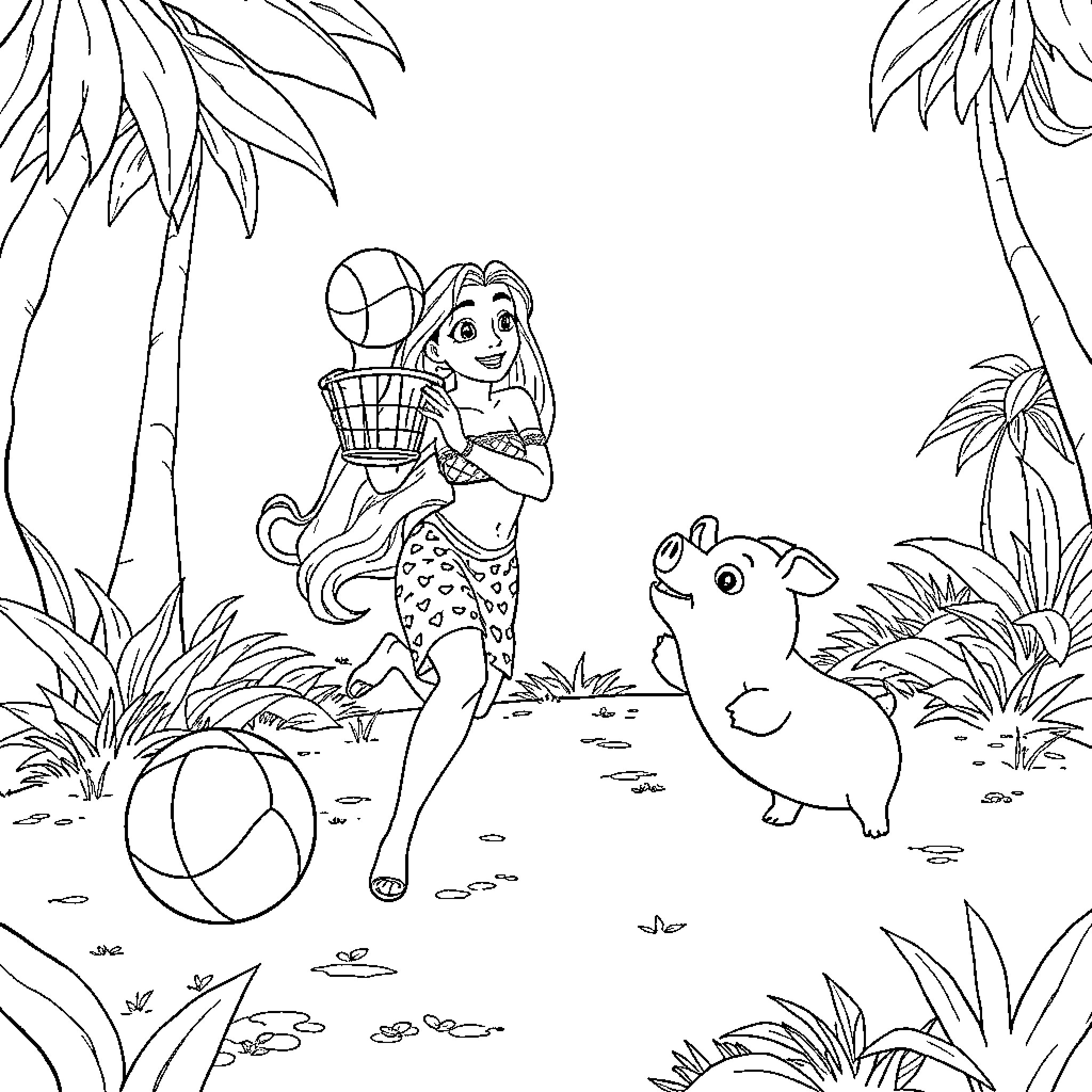 Vaiana exploring the tropical paradise with her animal companion Coloring Page (free black-and-white line drawing printable PDF for all, from beginners to advanced learners, including children, teens, adults, and seniors)