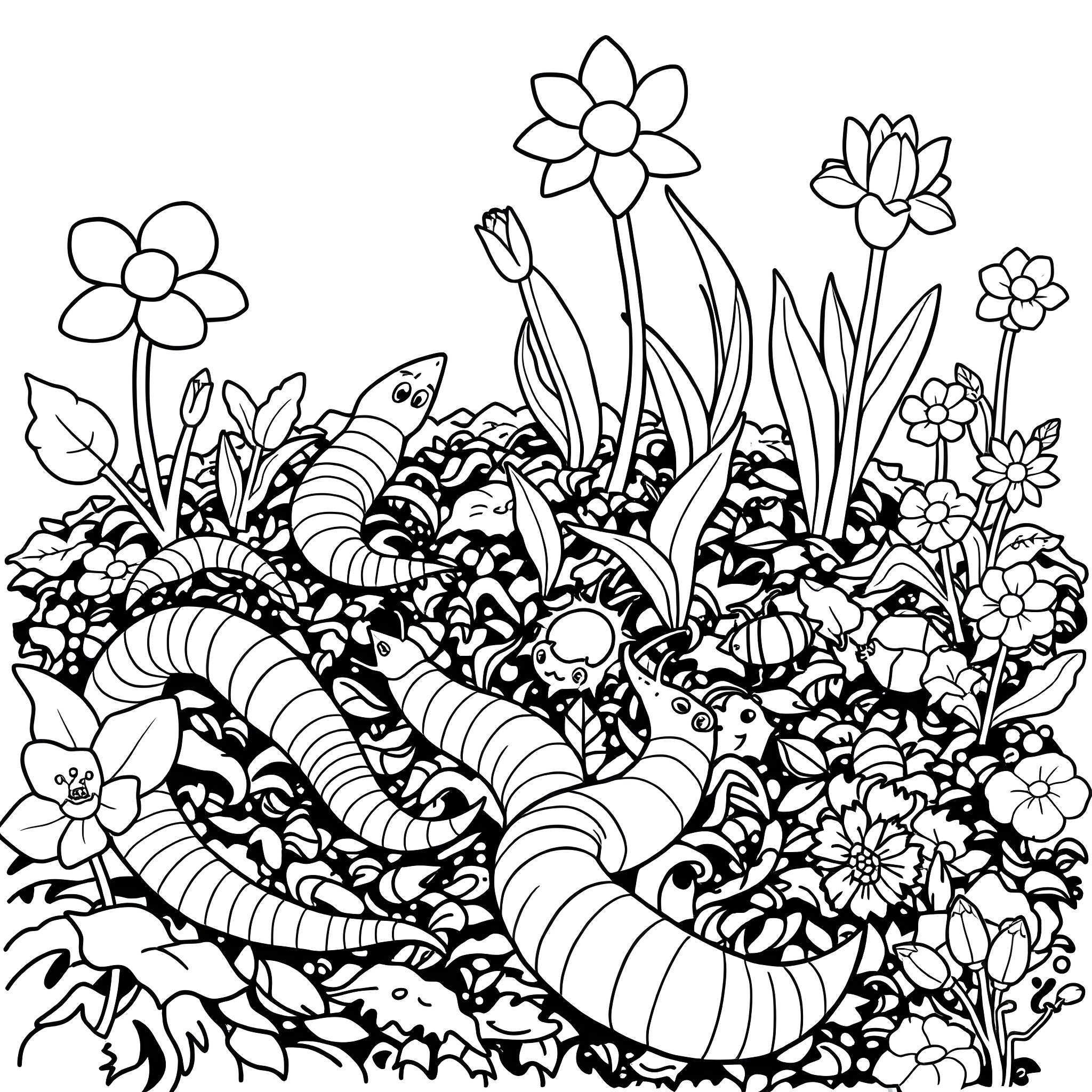 Detritivore's vibrant floral garden Coloring Page (free black-and-white line drawing printable PDF for all, from beginners to advanced learners, including children, teens, adults, and seniors)