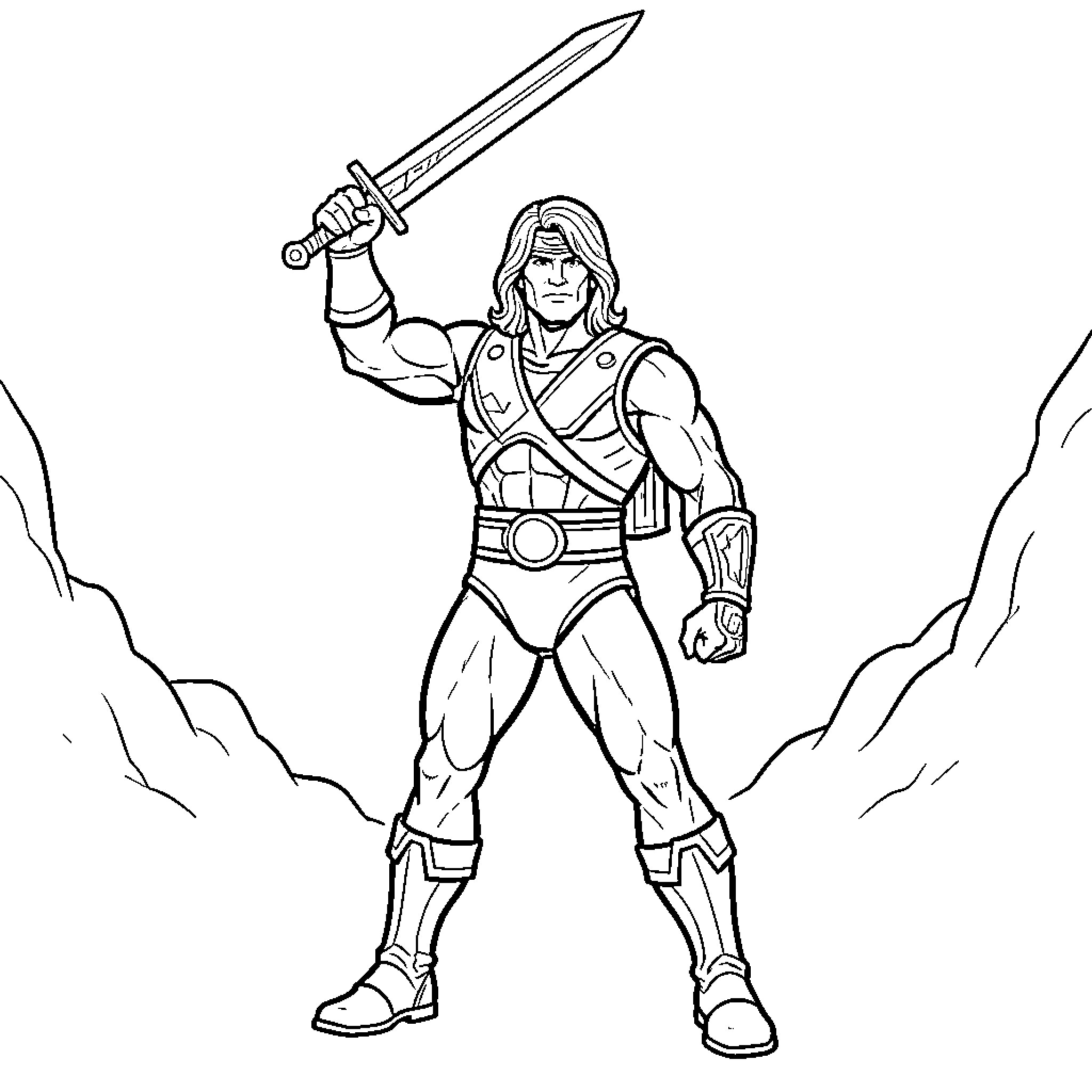 He-Man holding a sword in a powerful stance Coloring Page (free black-and-white line drawing printable PDF for all, from beginners to advanced learners, including children, teens, adults, and seniors)