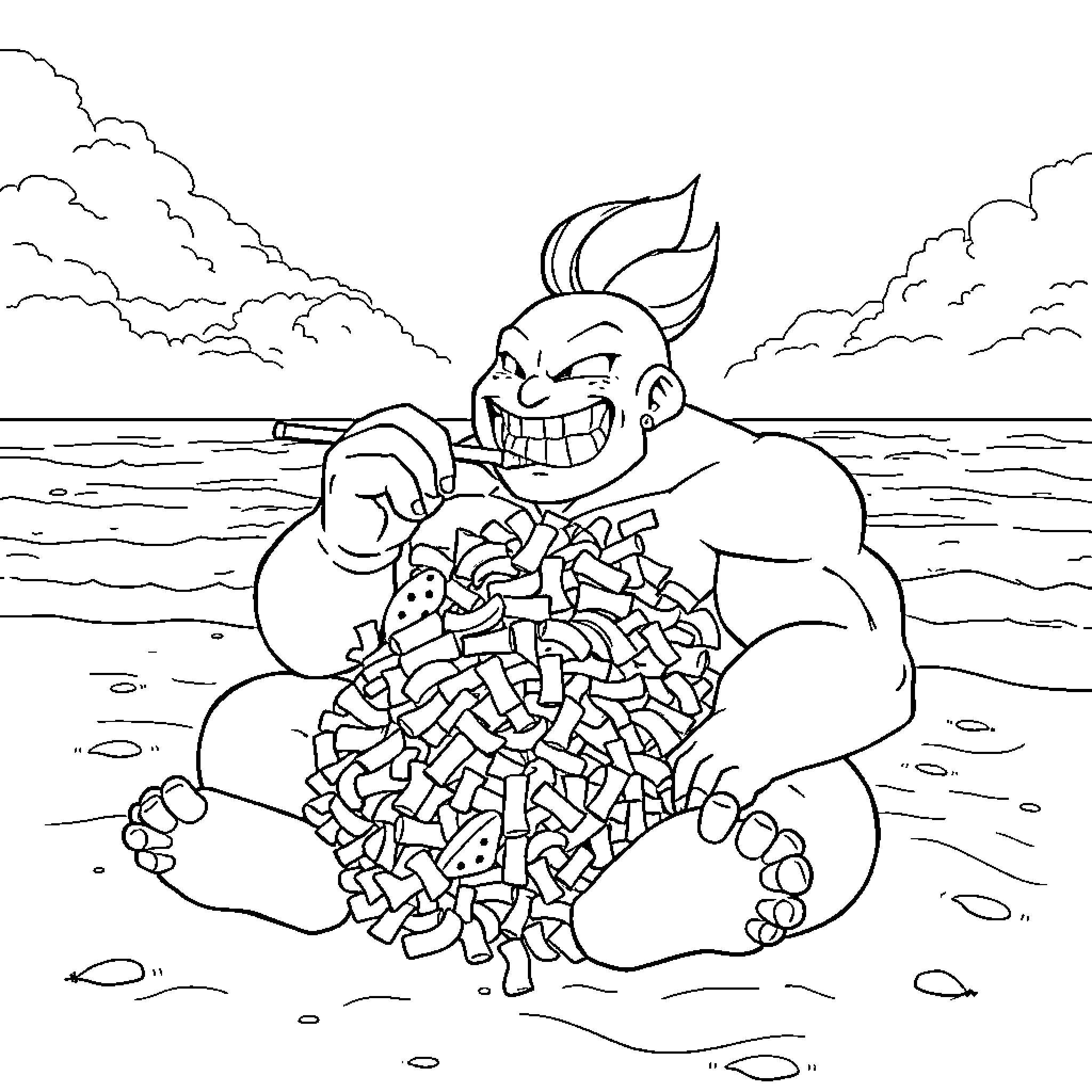 Majin Buu enjoying a pile of snacks on the beach Coloring Page (free black-and-white line drawing printable PDF for all, from beginners to advanced learners, including children, teens, adults, and seniors)
