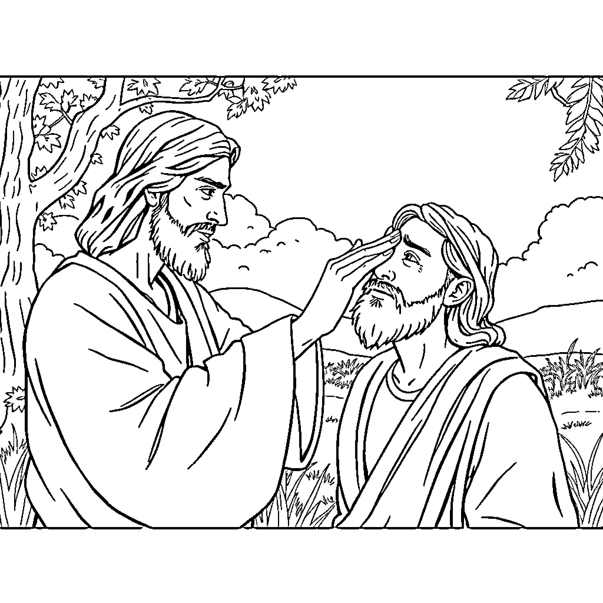 Jesus Comforting a Disciple in the Wilderness Coloring Page (free black-and-white line drawing printable PDF for all, from beginners to advanced learners, including children, teens, adults, and seniors)