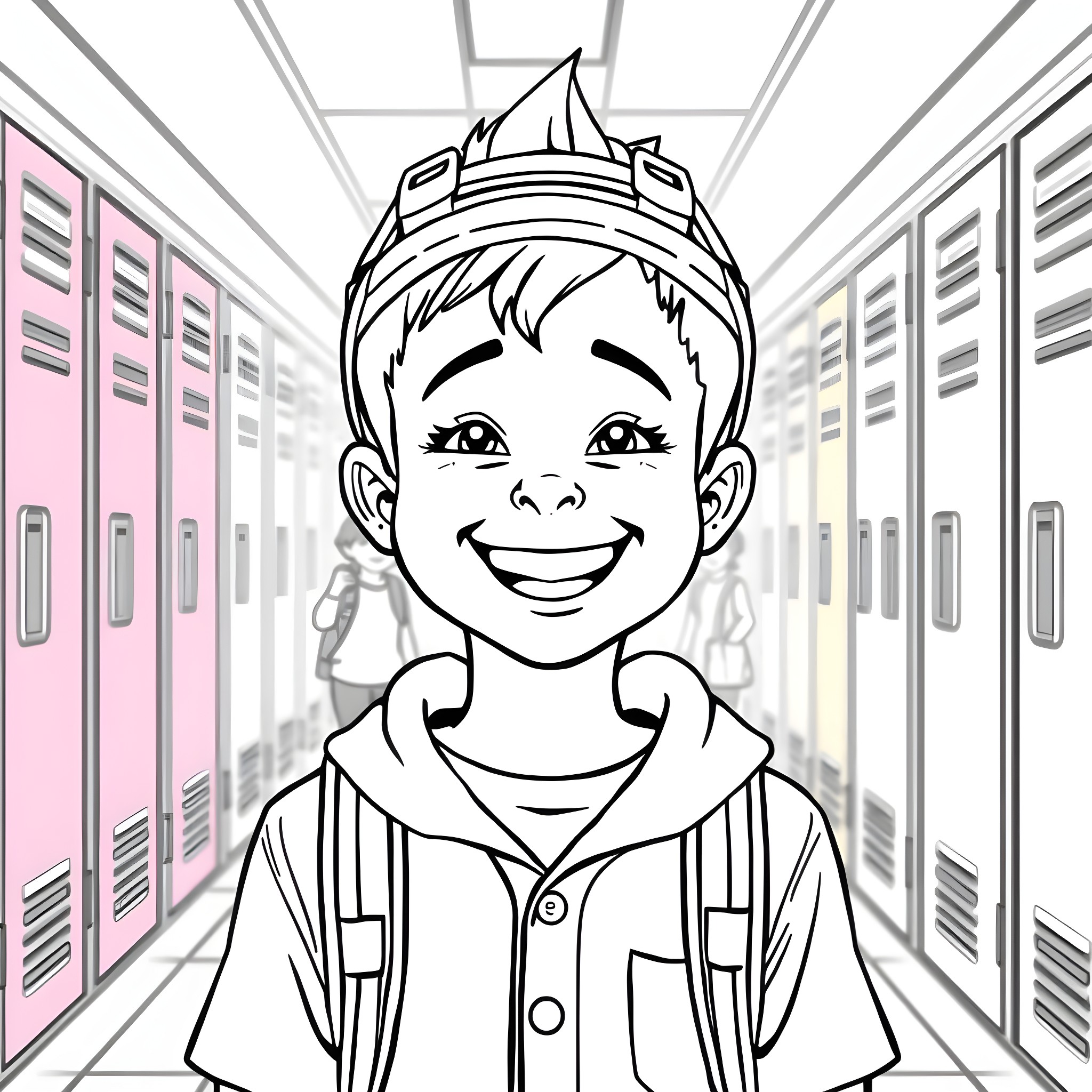 Boy smiling happily in school hallway Coloring Page (free black-and-white line drawing printable PDF for all, from beginners to advanced learners, including children, teens, adults, and seniors)