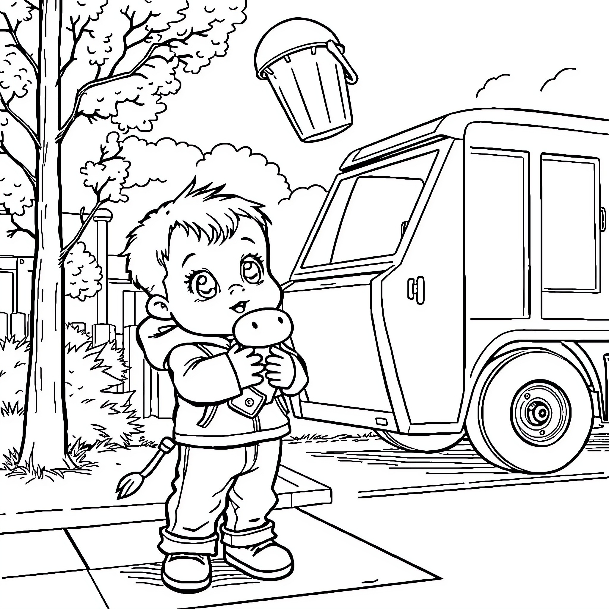 Boy holding a pet and exploring the outdoors Coloring Page (free black-and-white line drawing printable PDF for all, from beginners to advanced learners, including children, teens, adults, and seniors)